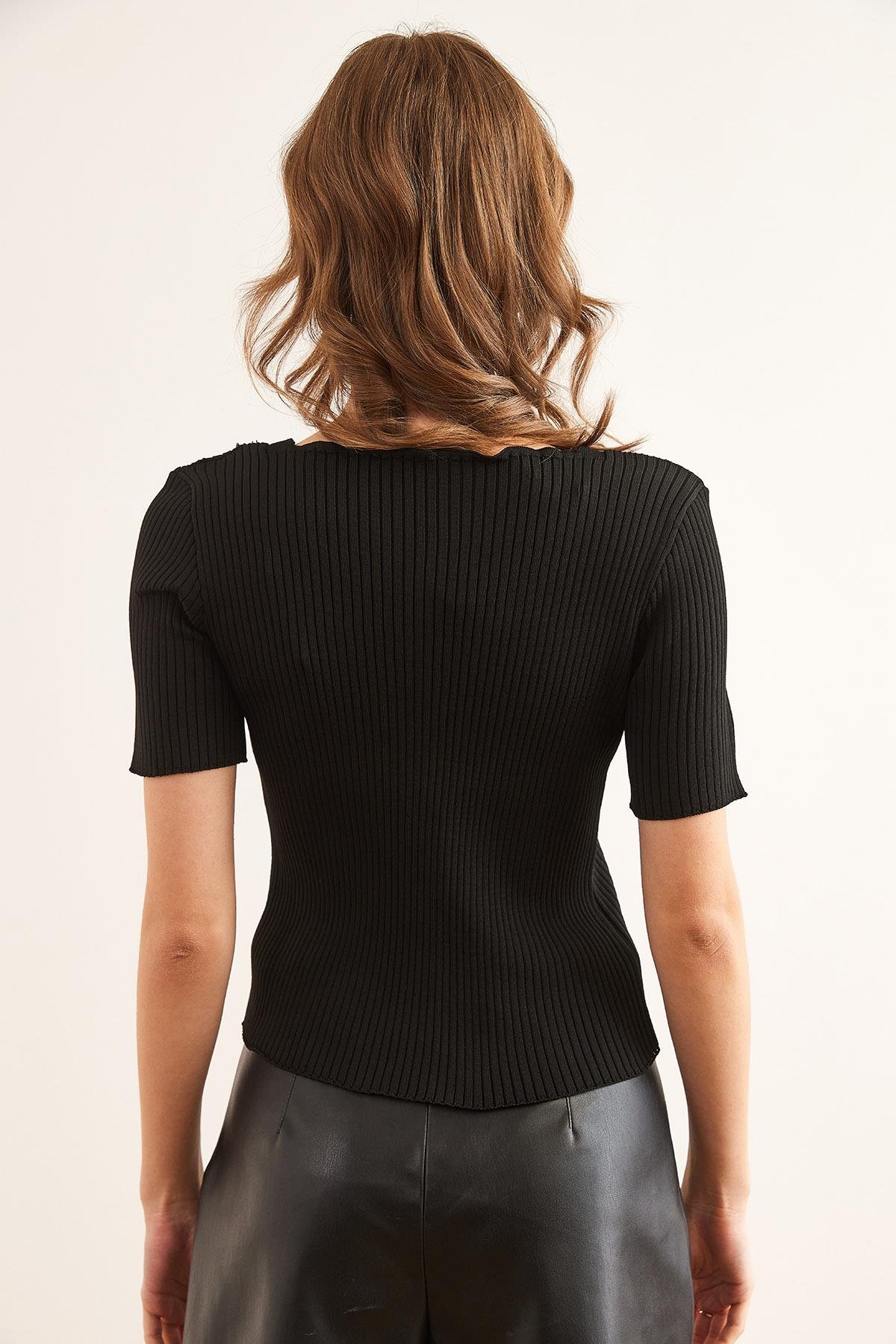 V Yaka Taş Detaylı Crop Triko Bluz Siyah