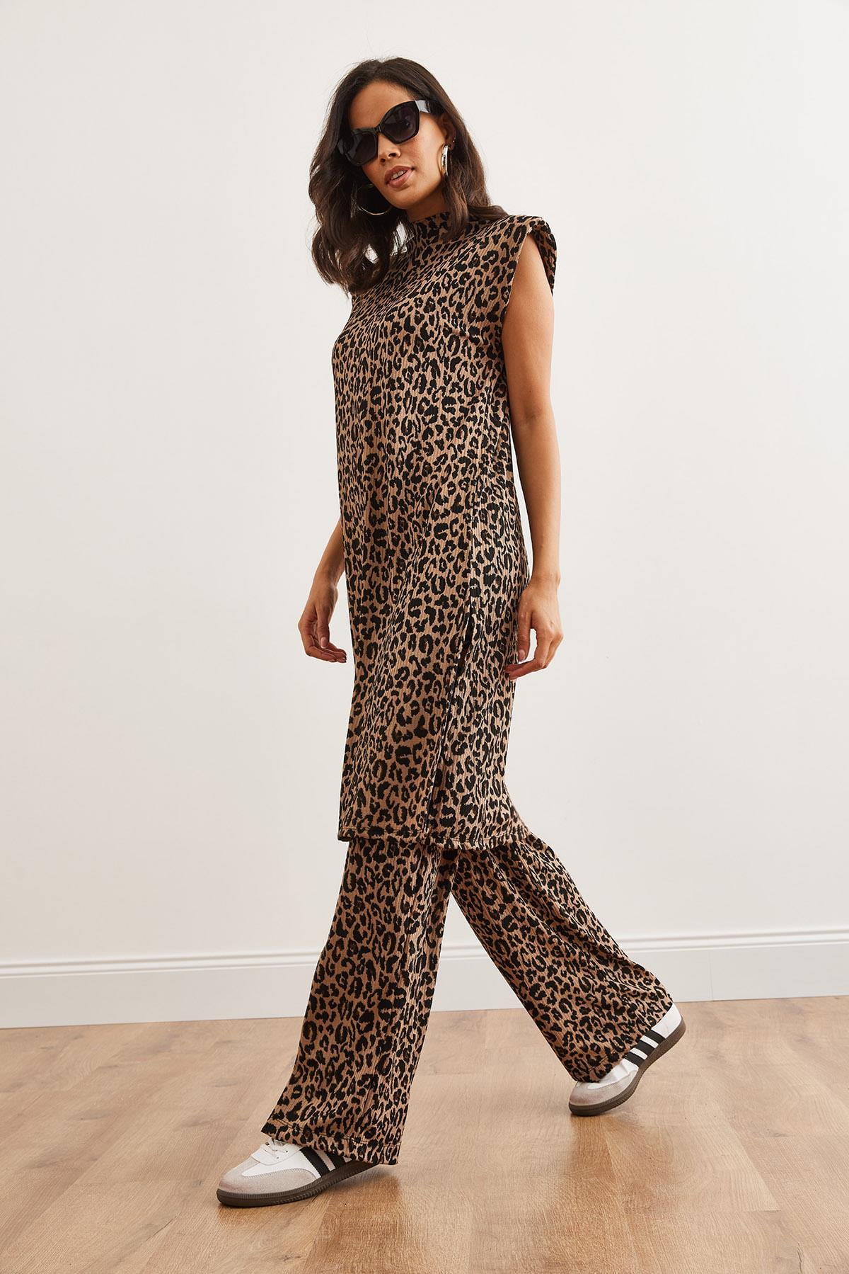 Vatkalı Tunik Palazzo Pantolon Leopar Takım Bej Leopar