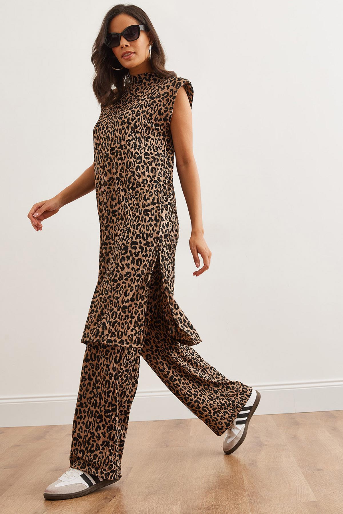 Vatkalı Tunik Palazzo Pantolon Leopar Takım Bej Leopar