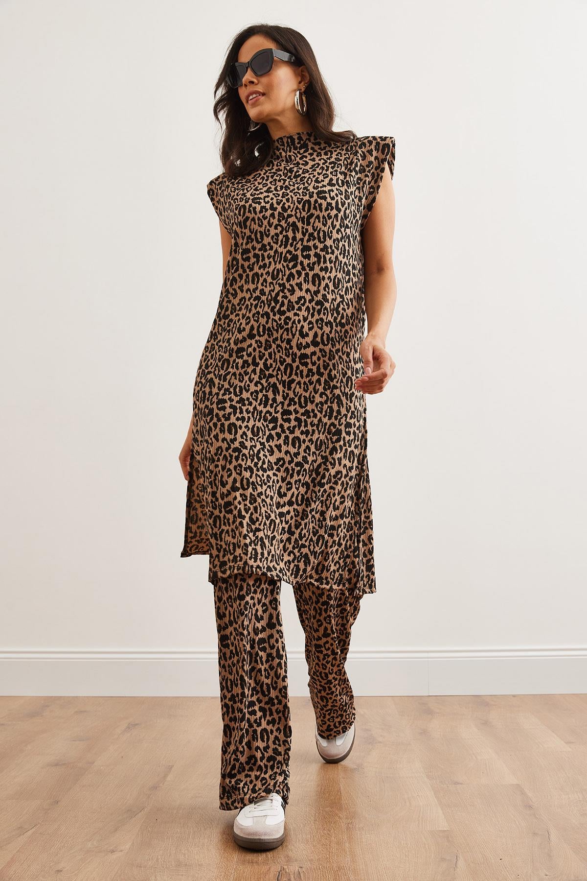 Vatkalı Tunik Palazzo Pantolon Leopar Takım Bej Leopar