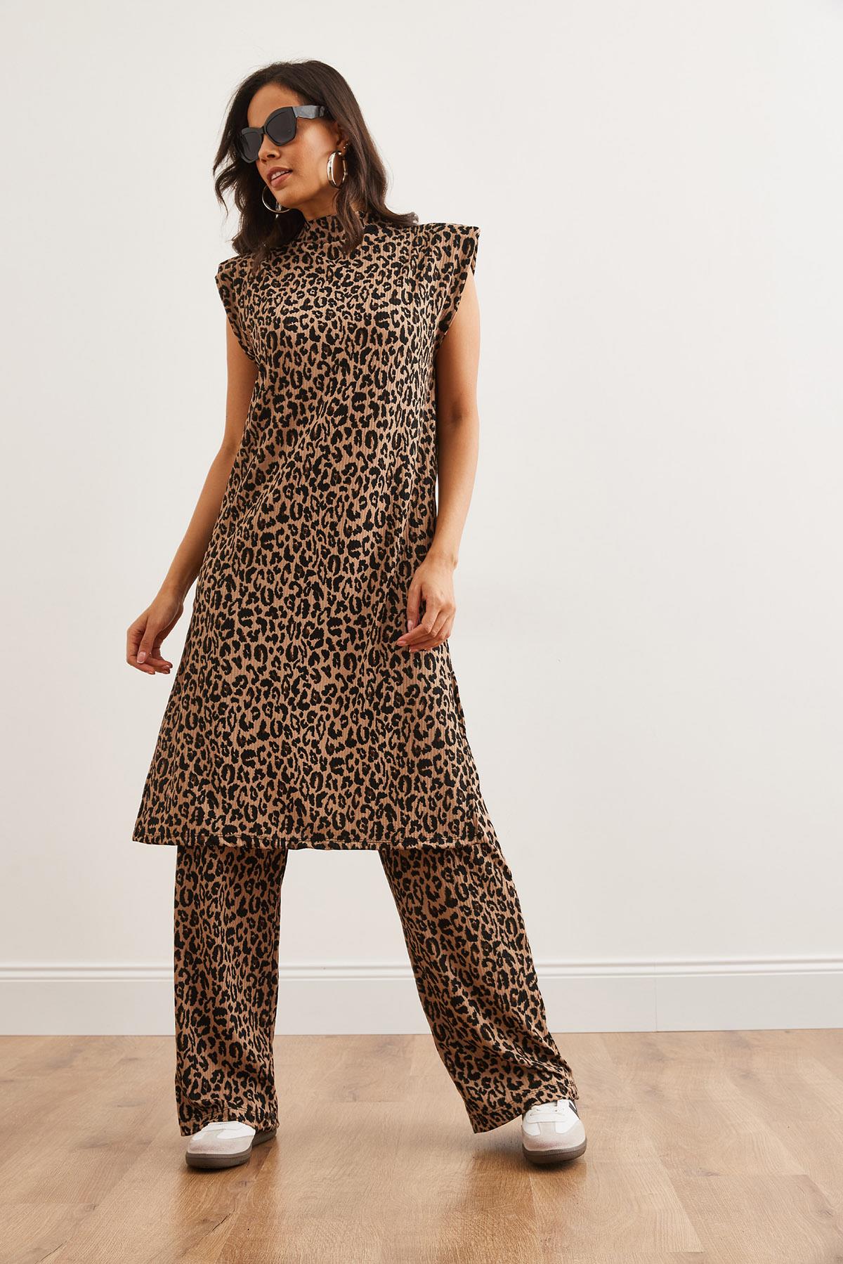 Vatkalı Tunik Palazzo Pantolon Leopar Takım Bej Leopar