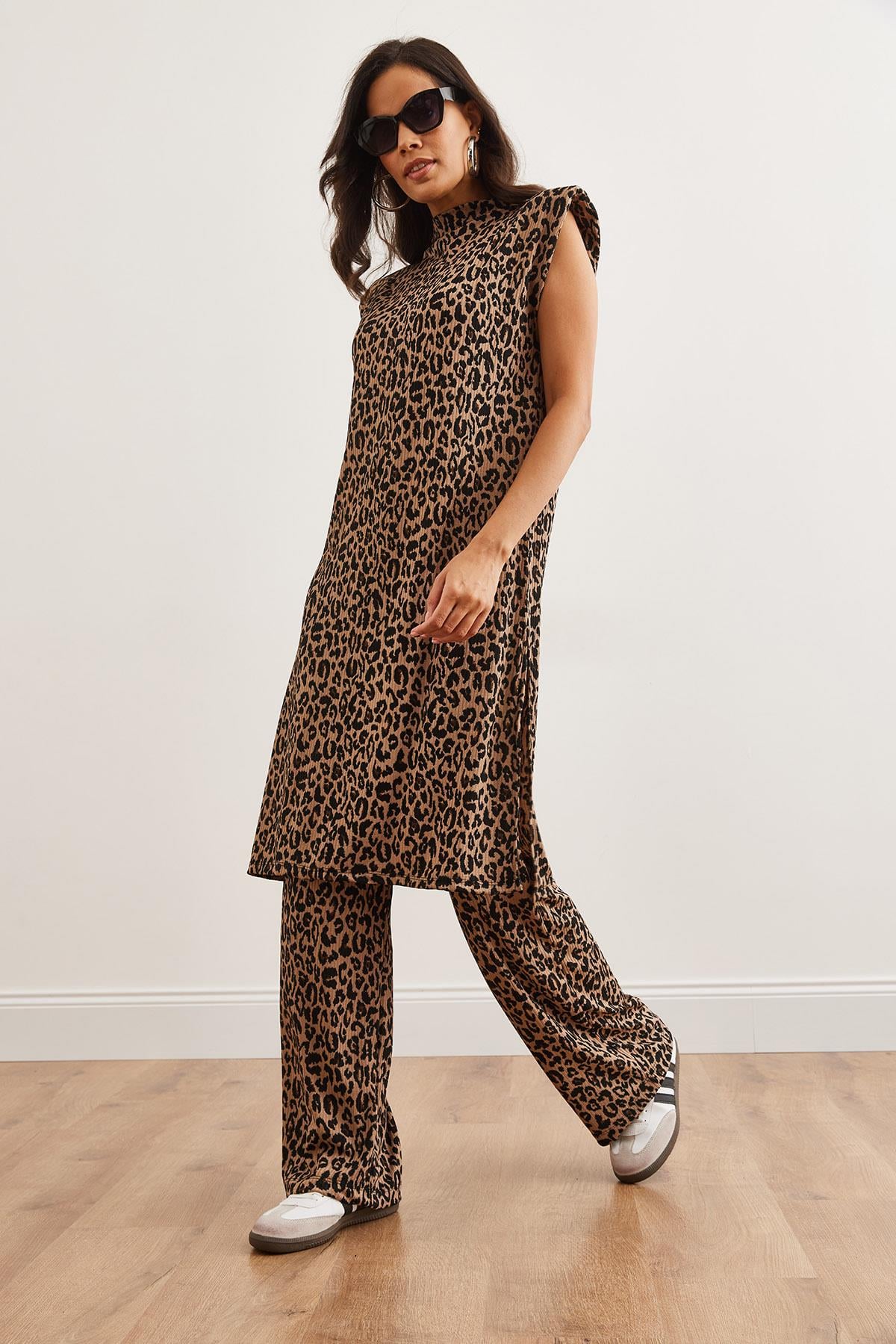 Vatkalı Tunik Palazzo Pantolon Leopar Takım Bej Leopar