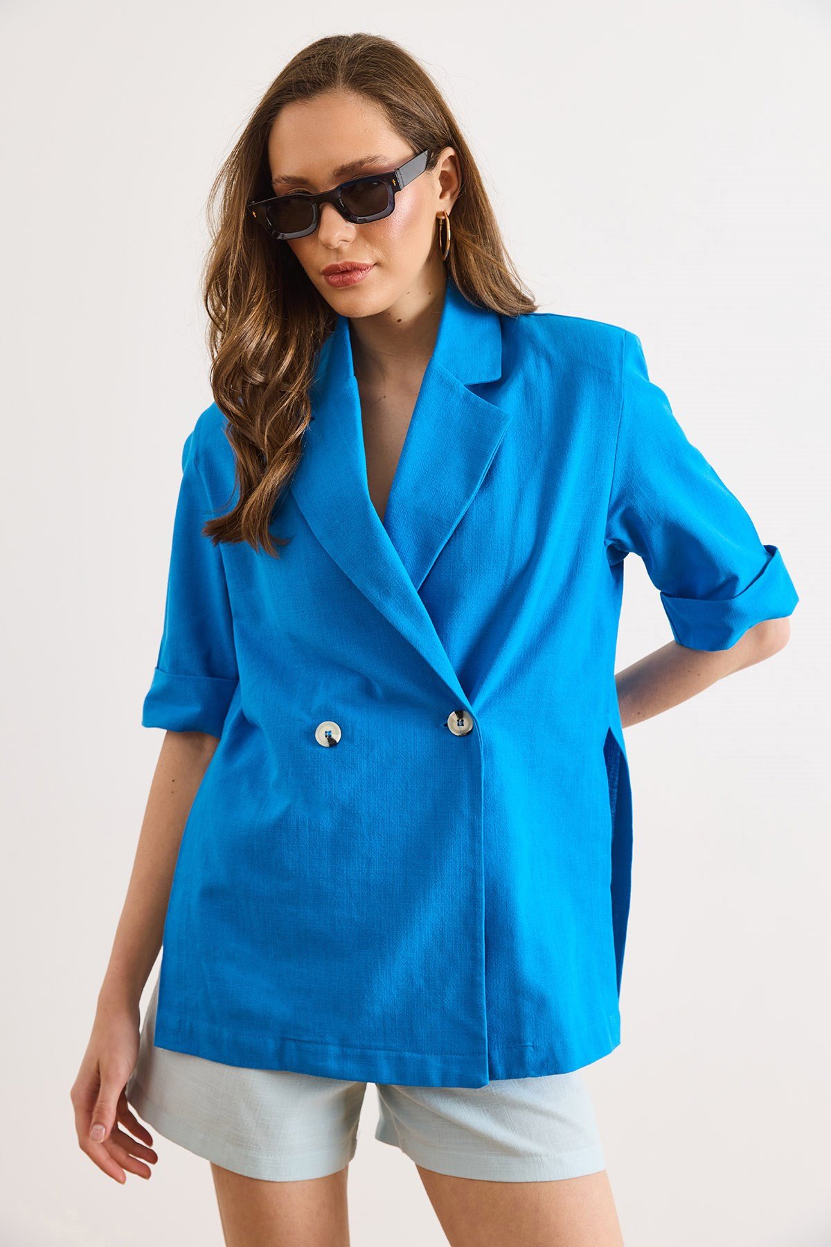Vatkalı Yanları Yırtmaçlı Astarsız Keten Blazer Ceket Saks Mavi
