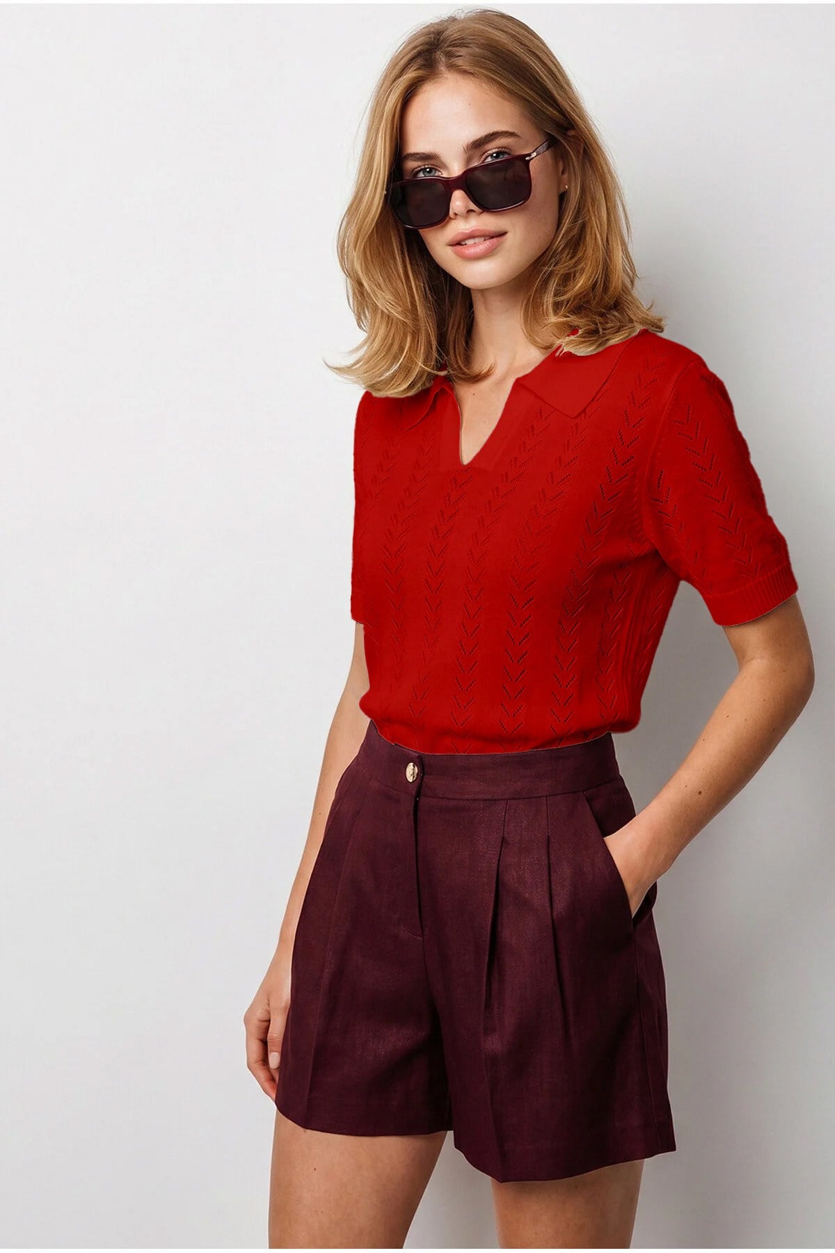 Viskon Polo Yaka Ajurlu Dökümlü Triko Bluz Kırmızı
