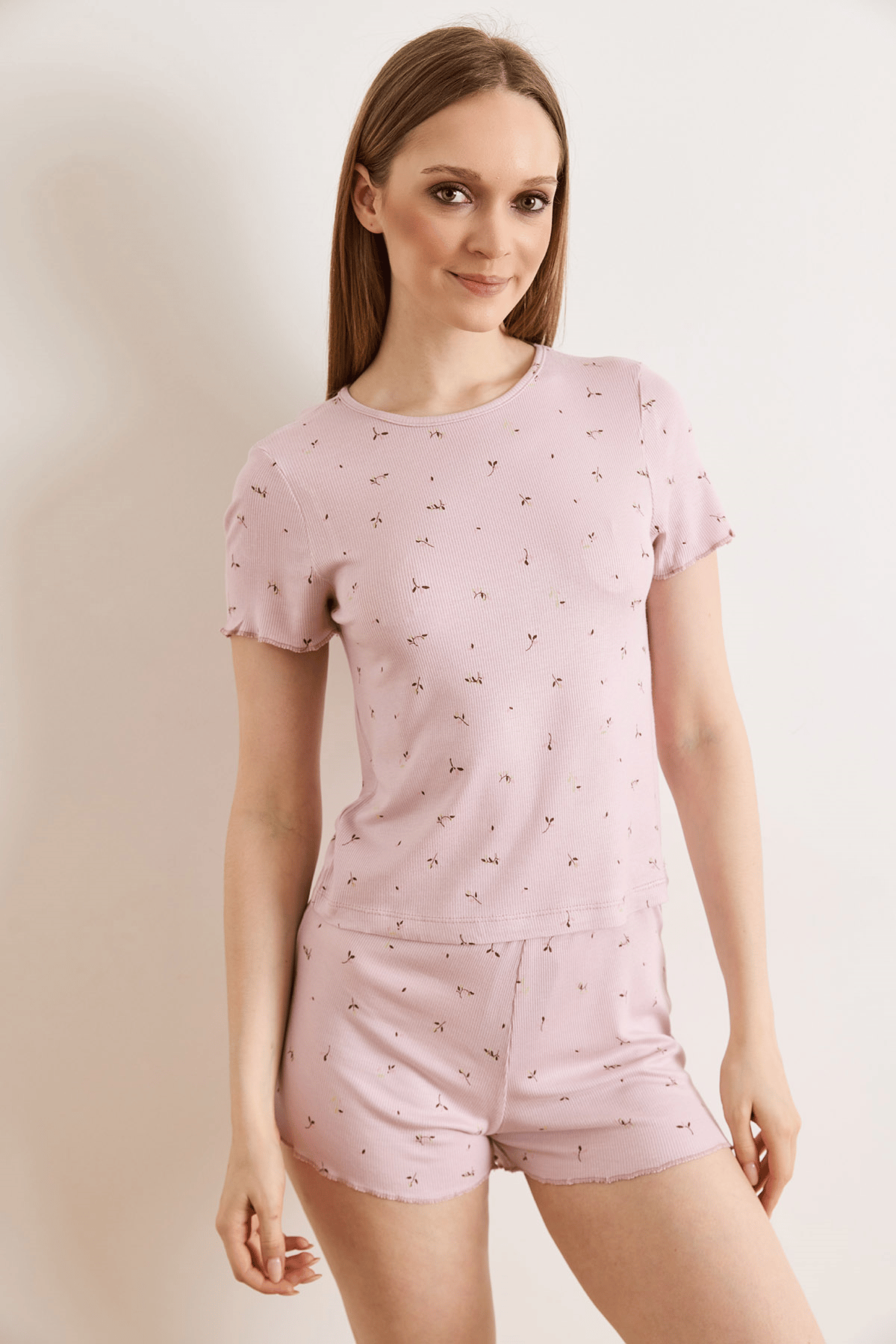 Viskon Şortlu Pijama Takımı Lila Yaprak