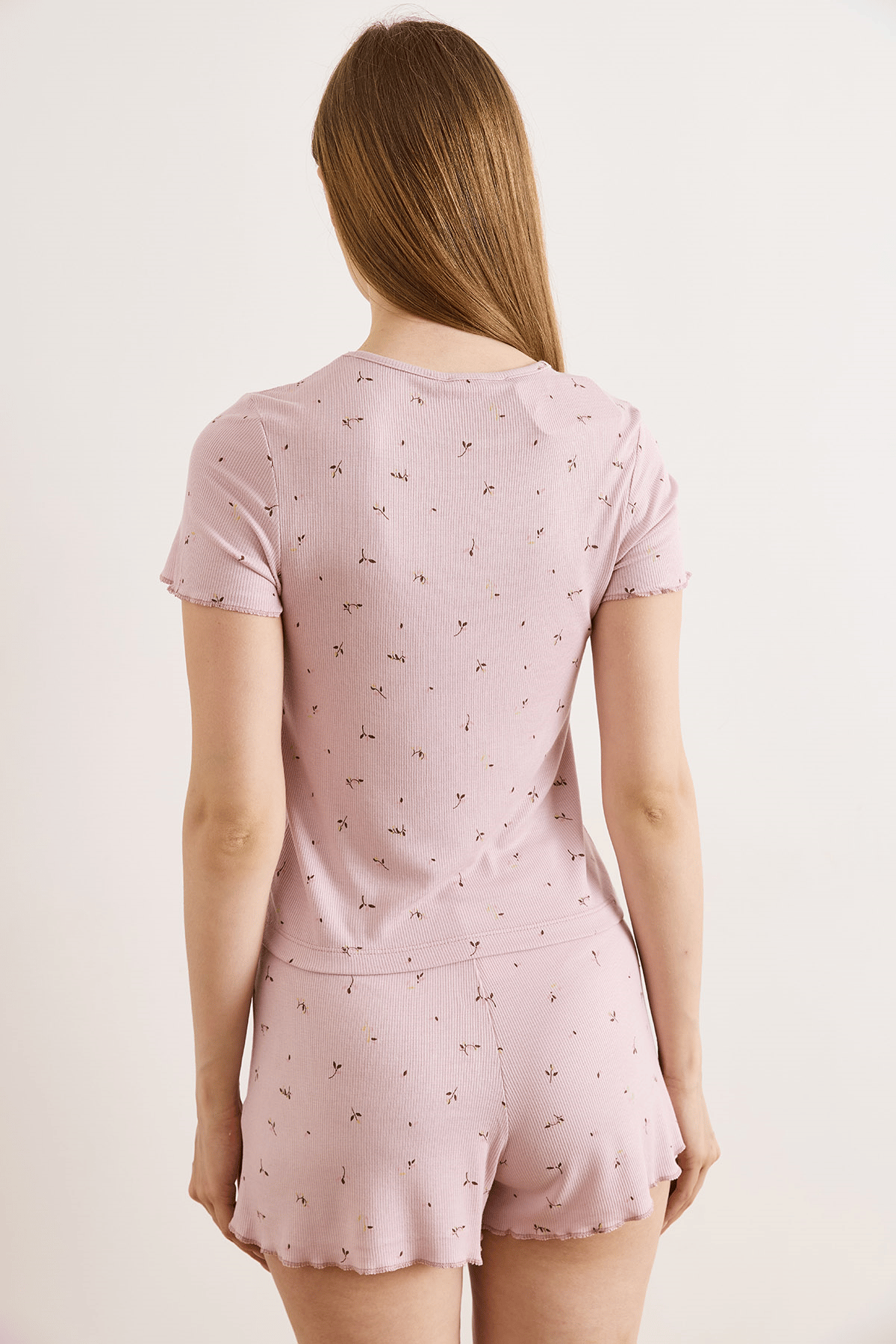 Viskon Şortlu Pijama Takımı Lila Yaprak