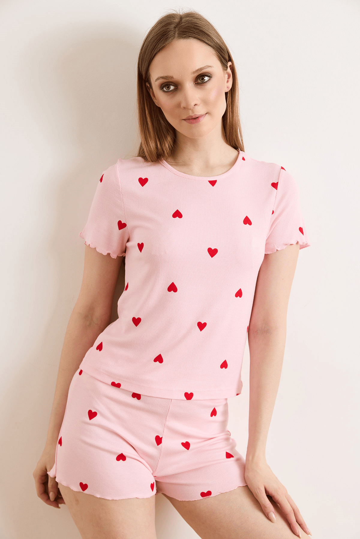 Viskon Şortlu Pijama Takımı Pembe Kalp