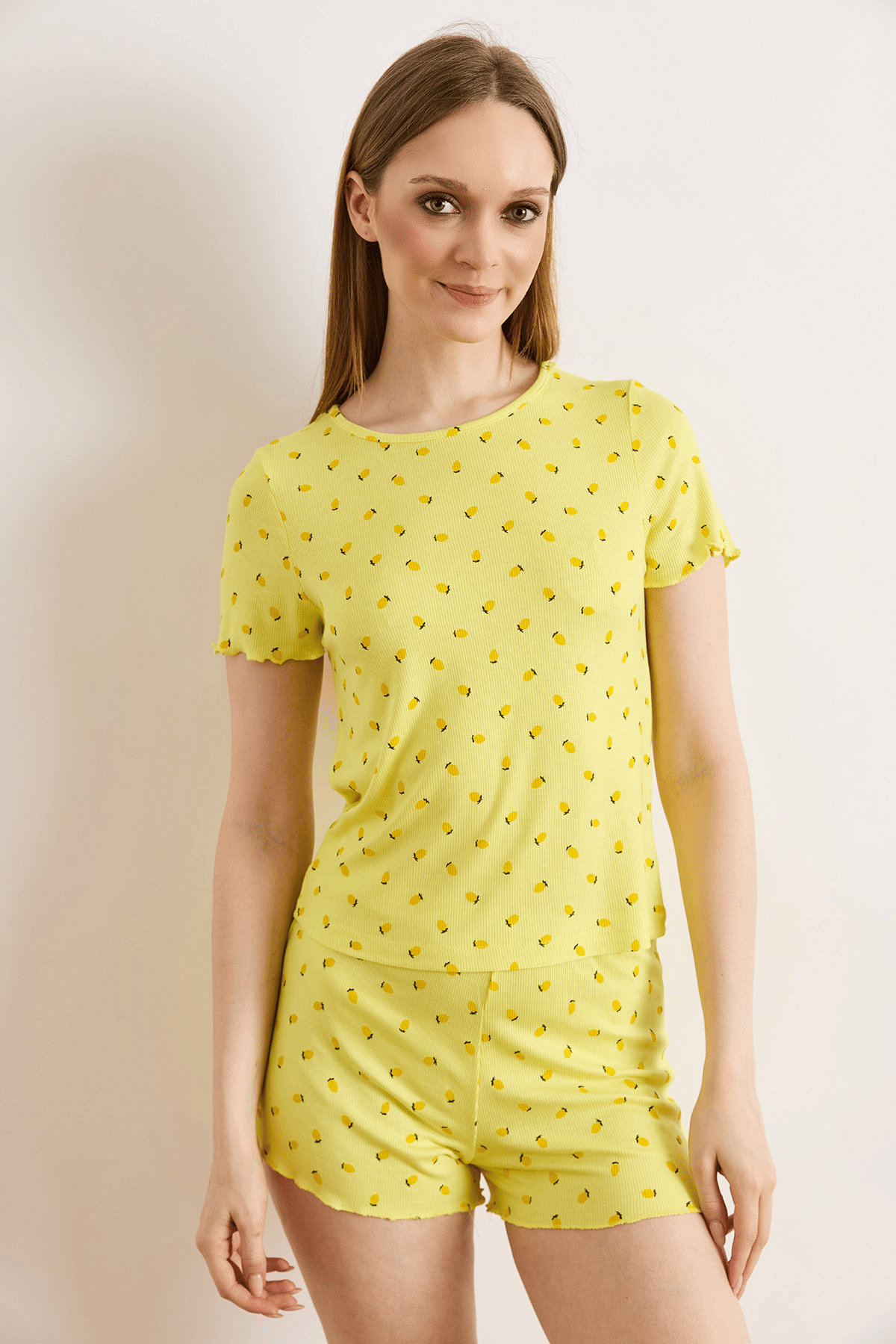 Viskon Şortlu Pijama Takımı Sarı Limon