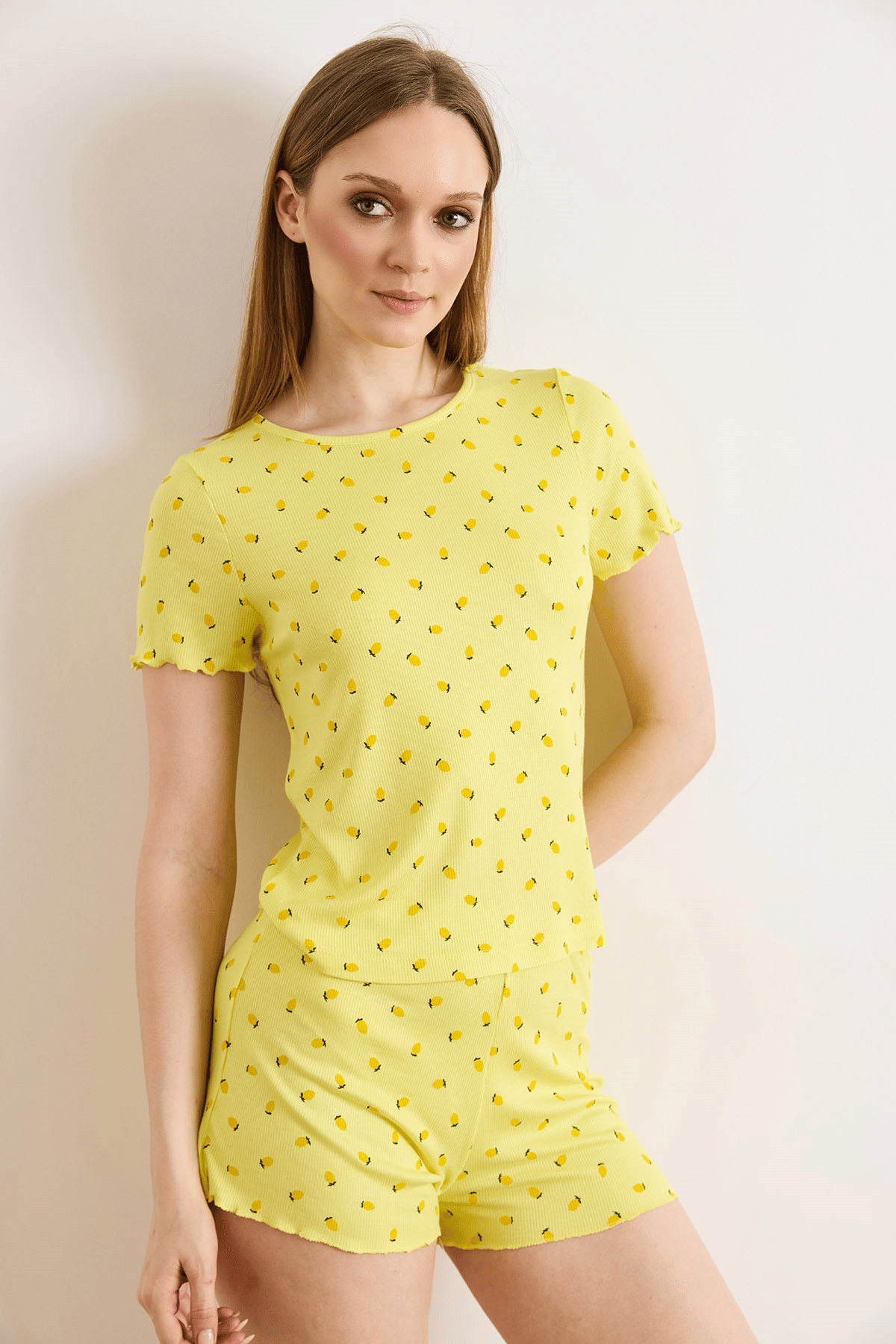 Viskon Şortlu Pijama Takımı Sarı Limon