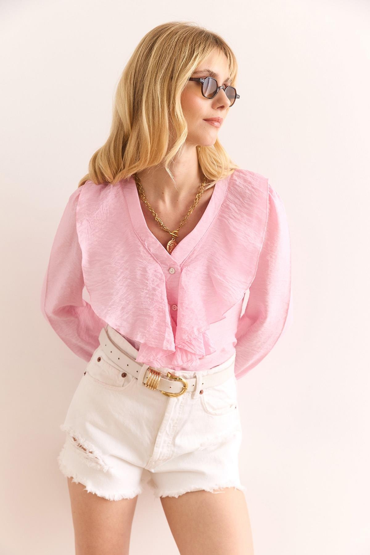 Volanlı İpek Lilyum Bluz Pembe