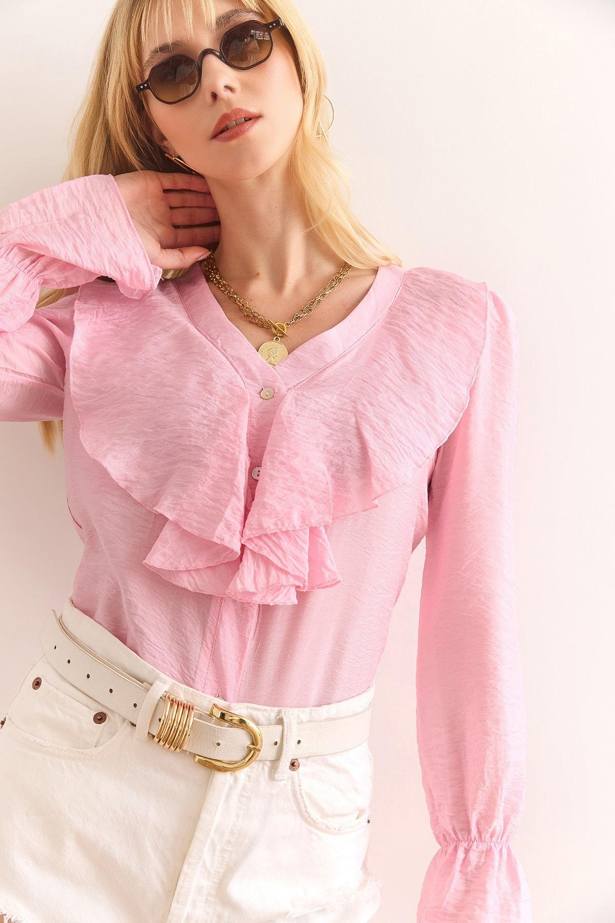 Volanlı İpek Lilyum Bluz Pembe