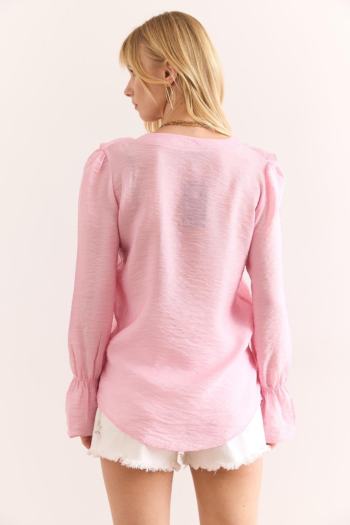 Volanlı İpek Lilyum Bluz Pembe