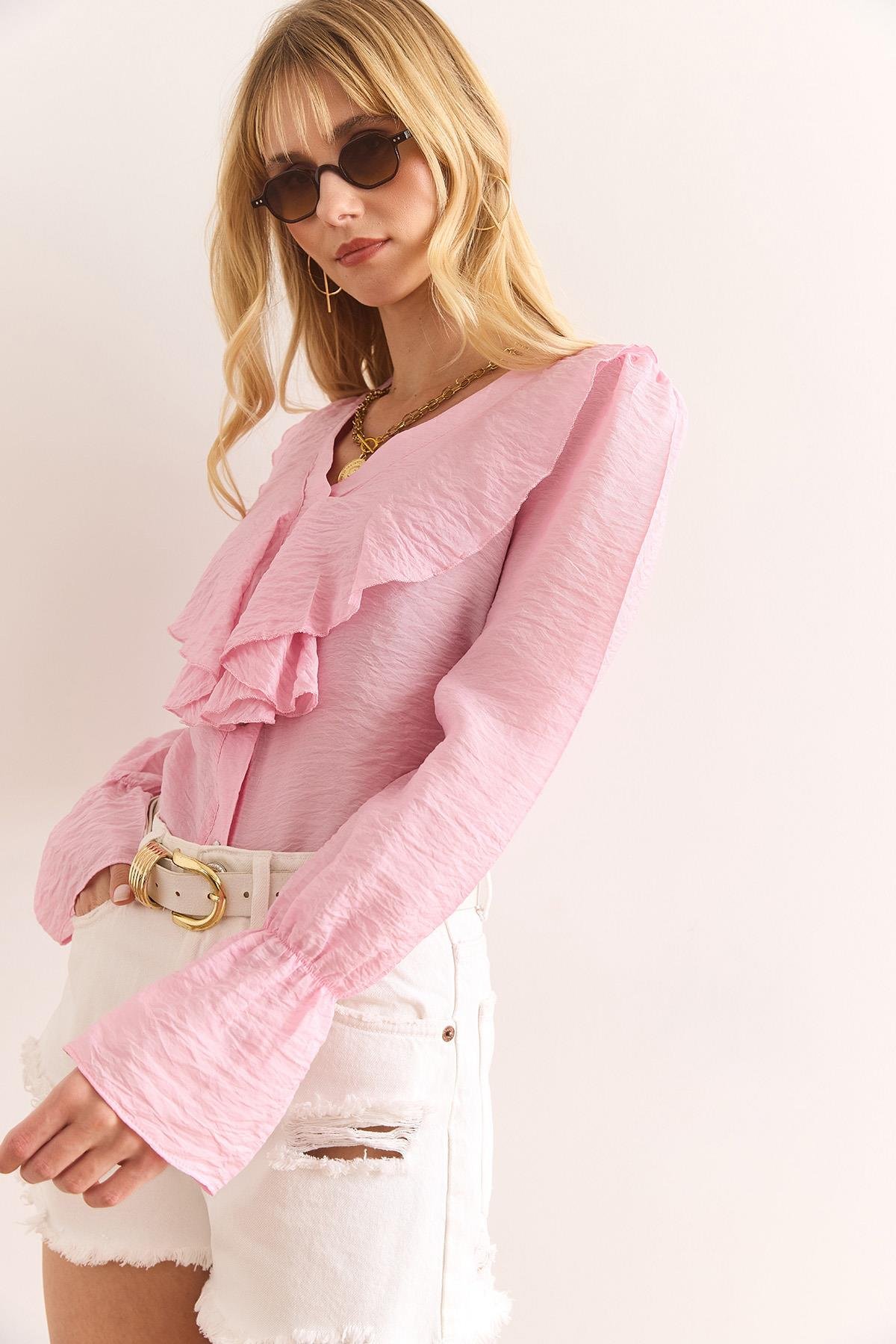 Volanlı İpek Lilyum Bluz Pembe