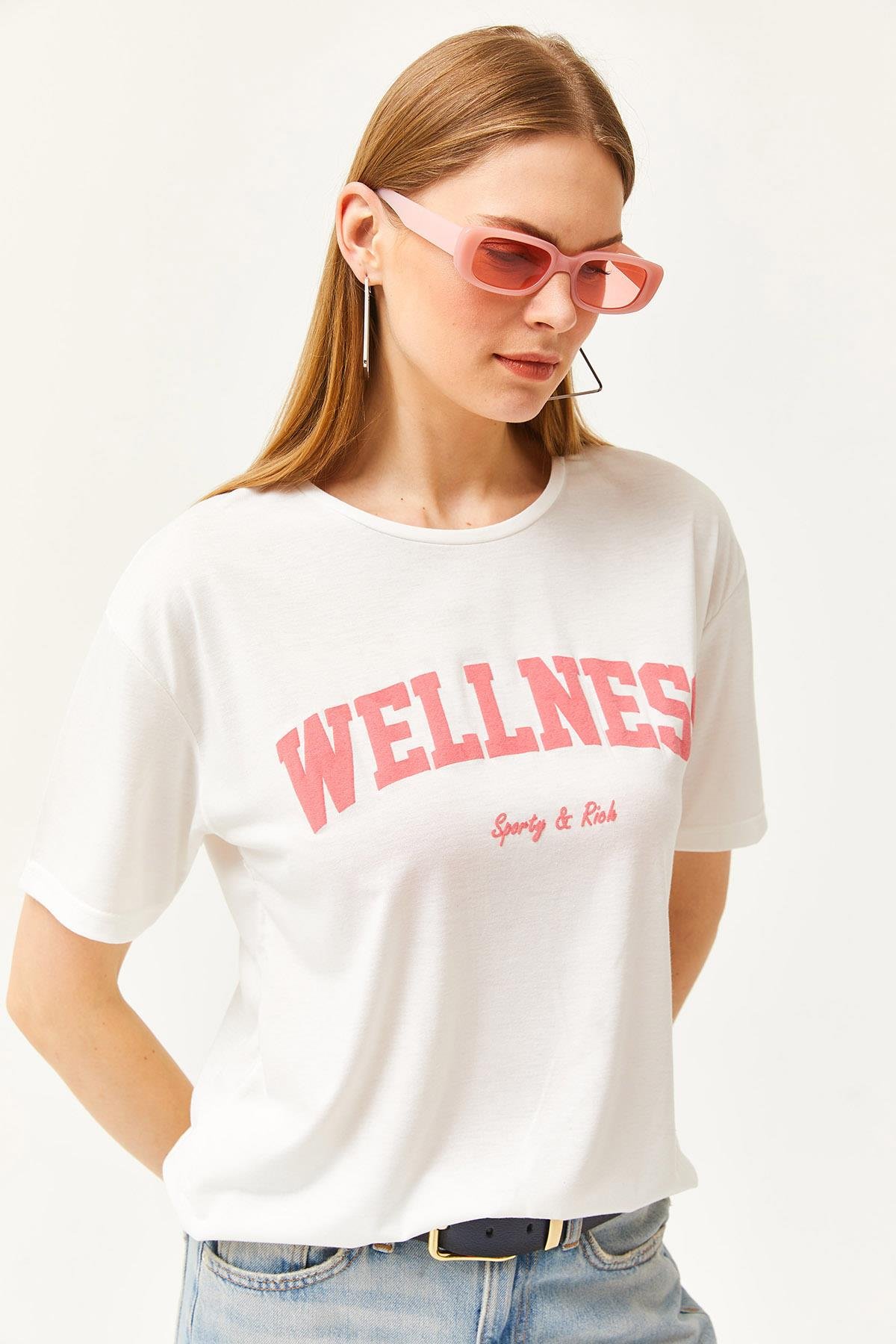 Wellness Baskılı Tişört Ekru Pembe