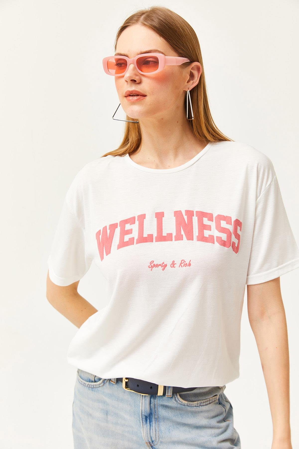 Wellness Baskılı Tişört Ekru Pembe