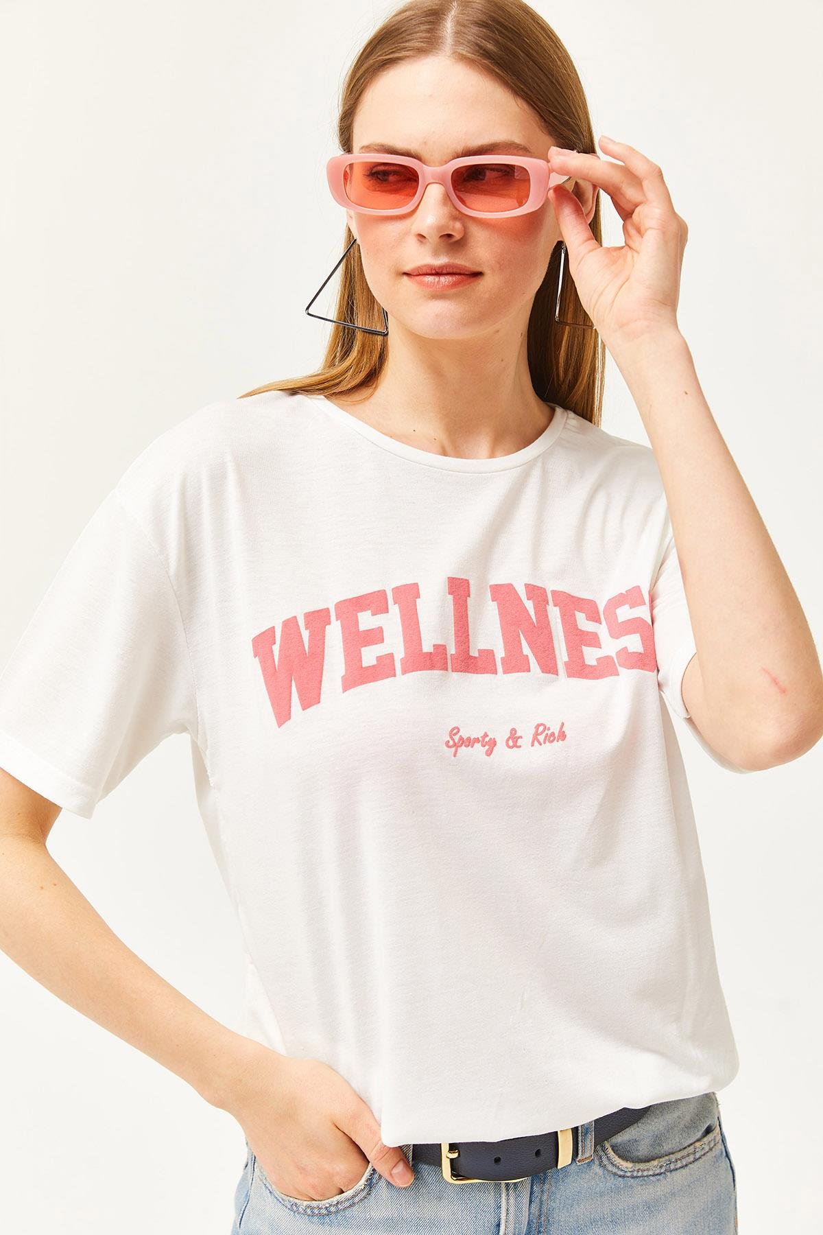 Wellness Baskılı Tişört Ekru Pembe