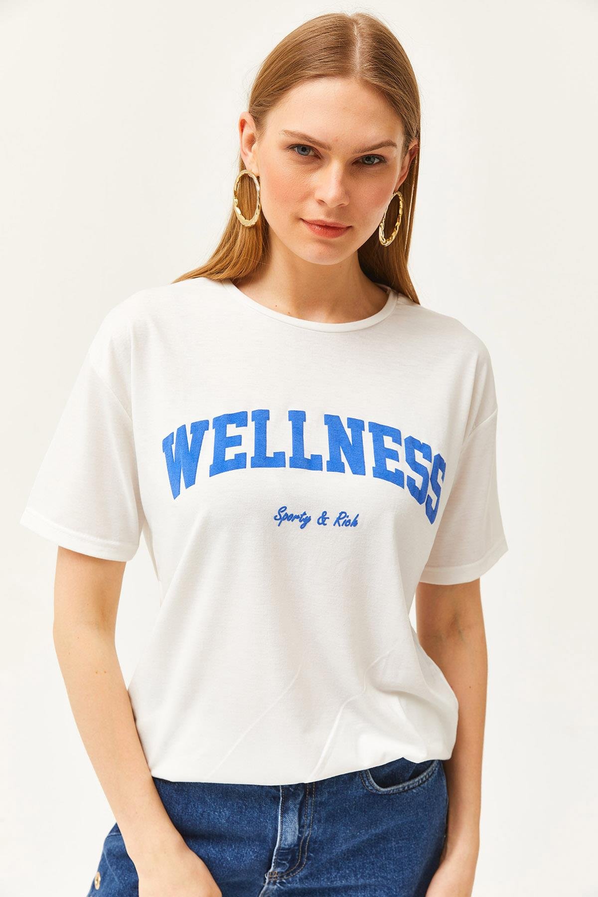 Wellness Baskılı Tişört Ekru Saks Mavi