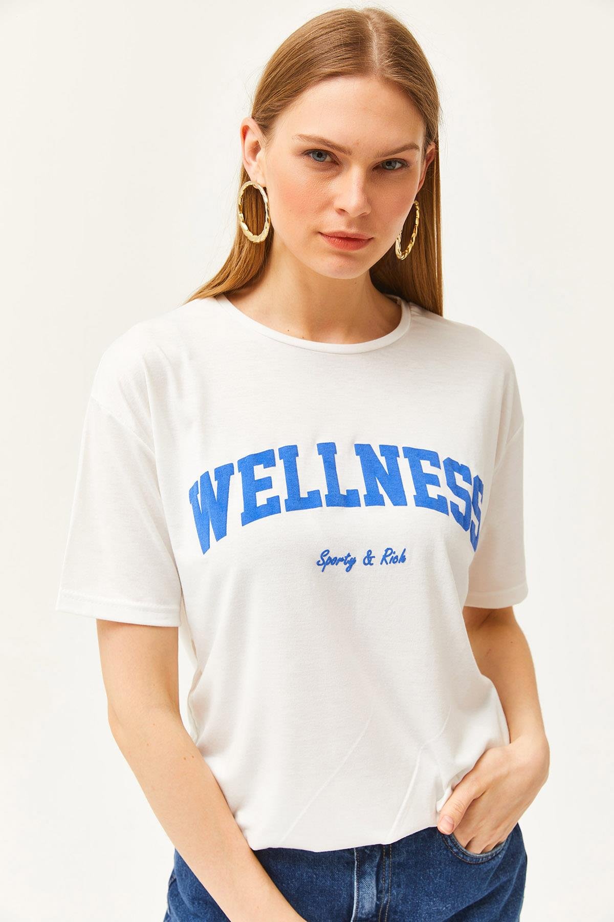 Wellness Baskılı Tişört Ekru Saks Mavi
