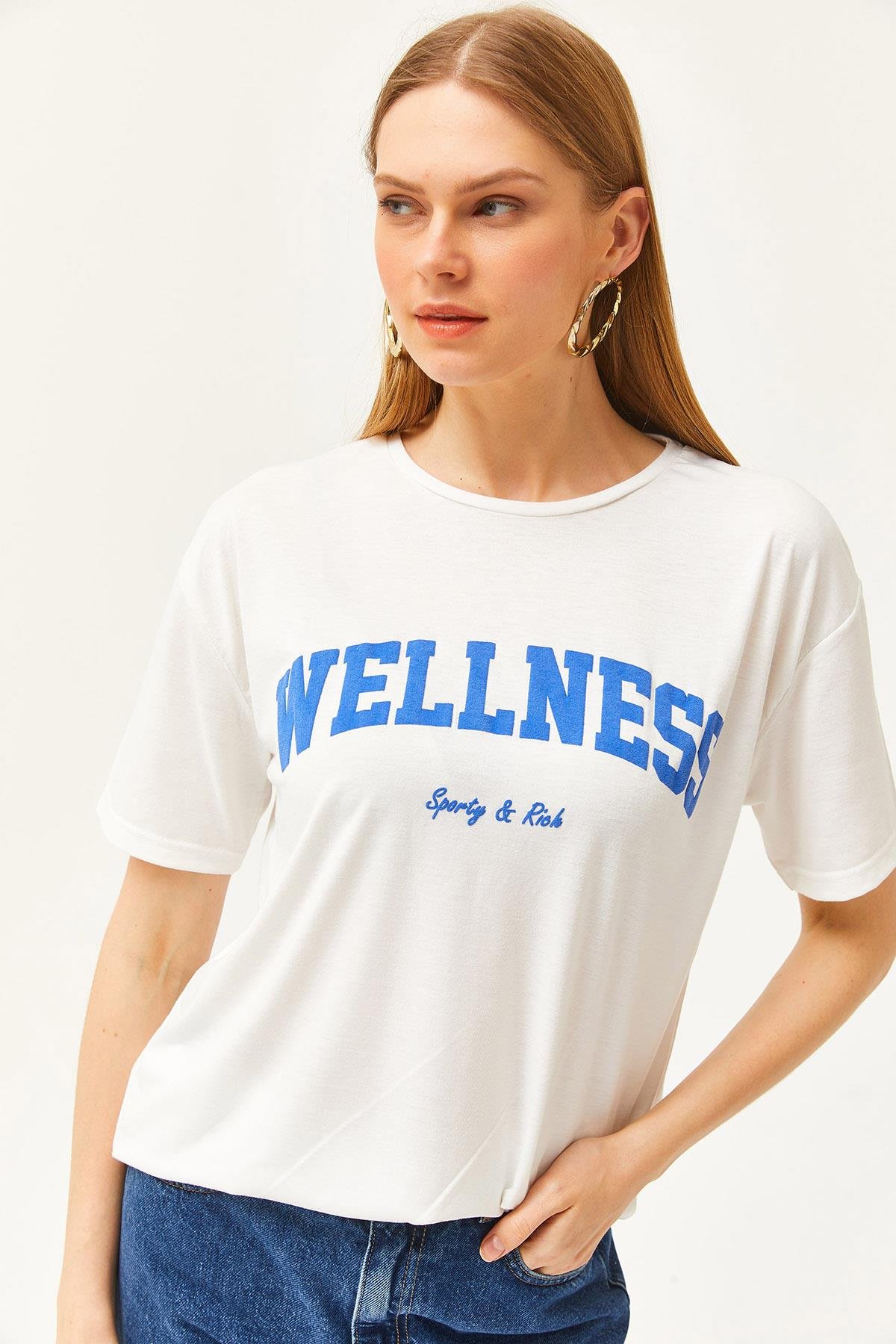 Wellness Baskılı Tişört Ekru Saks Mavi