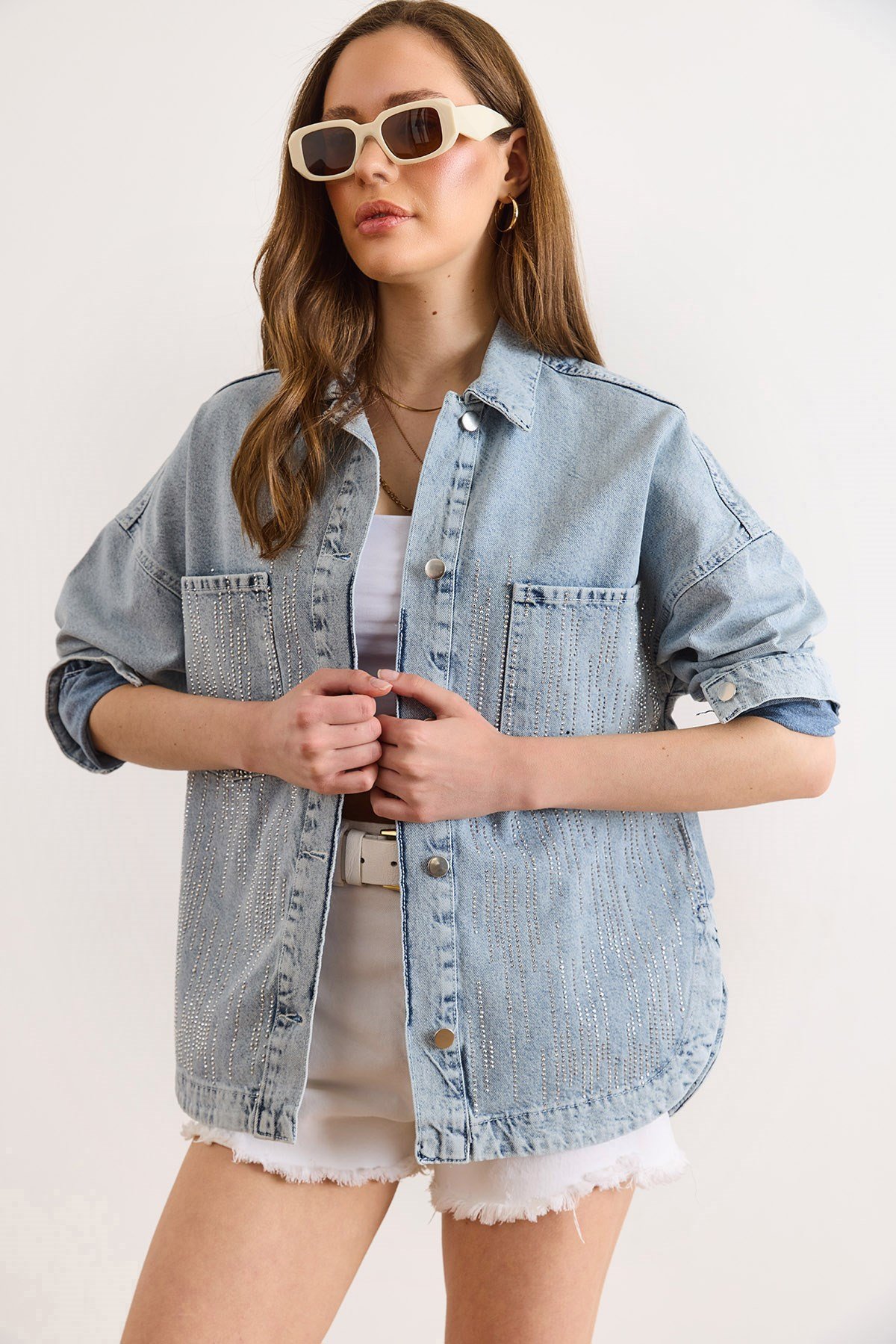 Yağmur Taş Detaylı Cepli Denim Gömlek Ceket Mavi