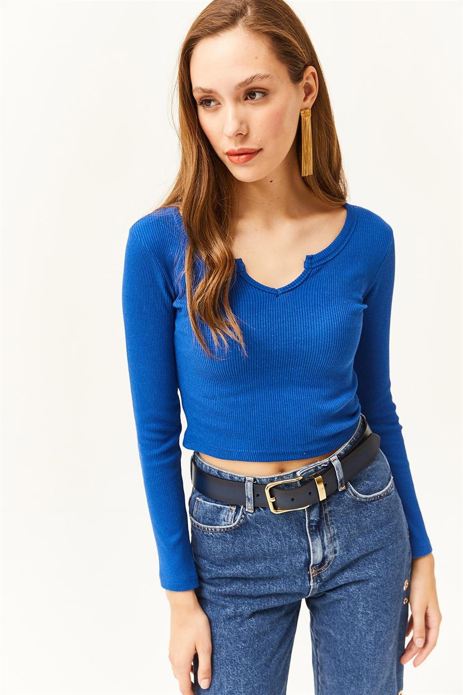 Yaka Detaylı Fitilli Crop Bluz Saks Mavi