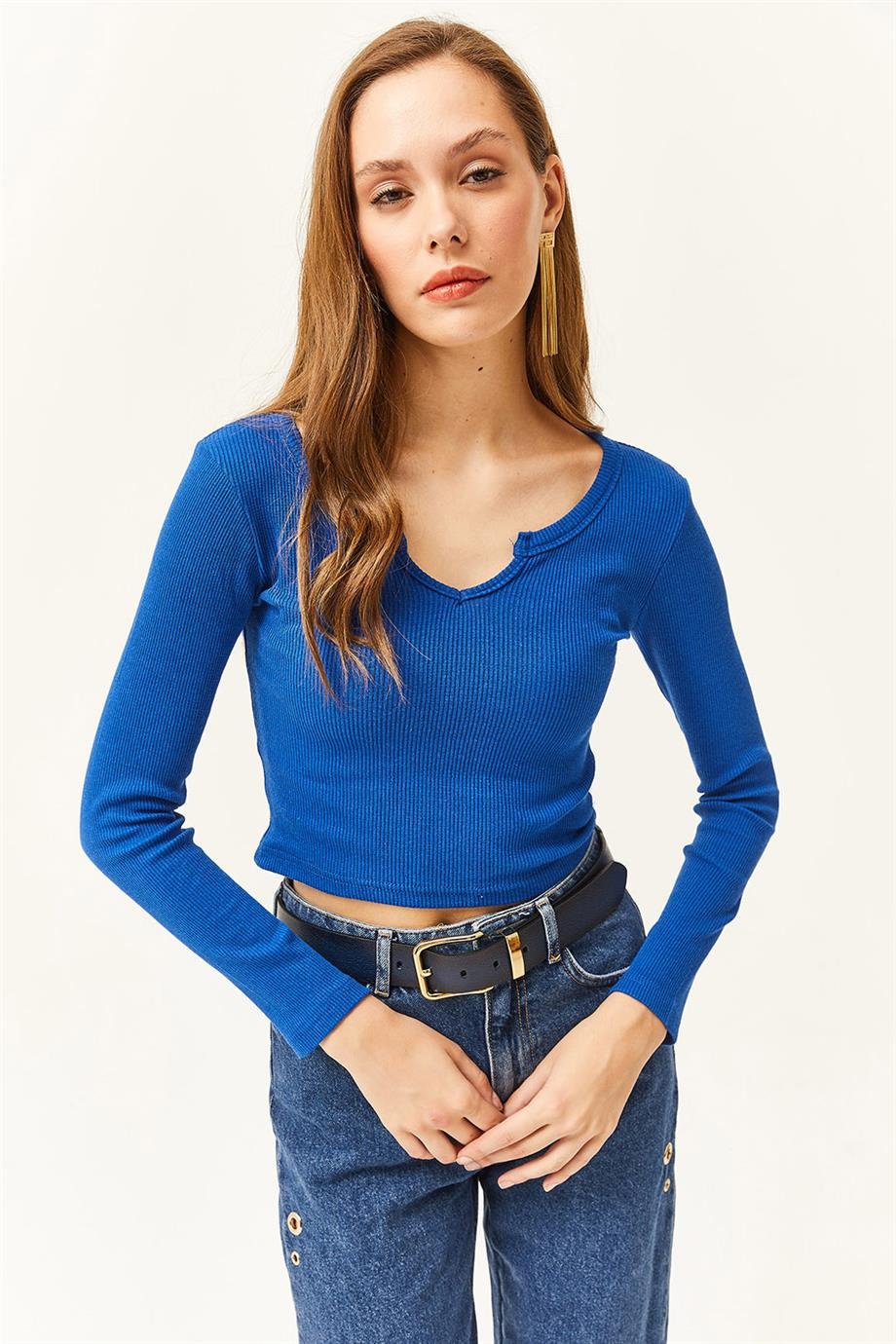 Yaka Detaylı Fitilli Crop Bluz Saks Mavi