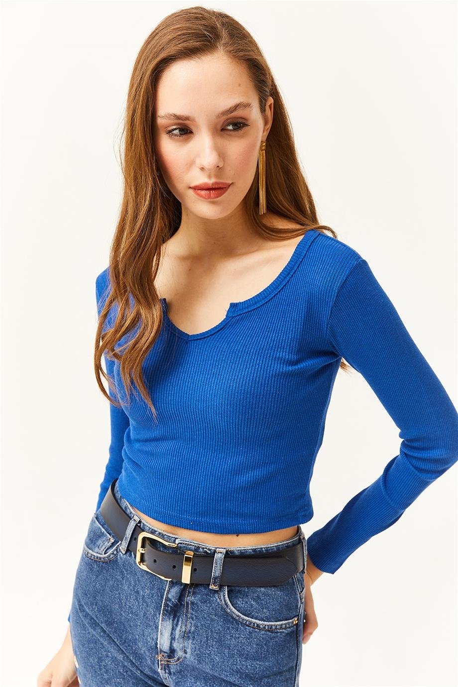 Yaka Detaylı Fitilli Crop Bluz Saks Mavi