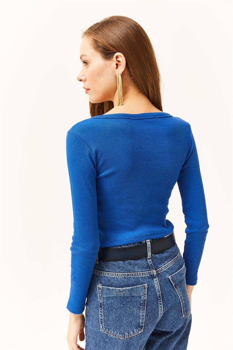 Yaka Detaylı Fitilli Crop Bluz Saks Mavi