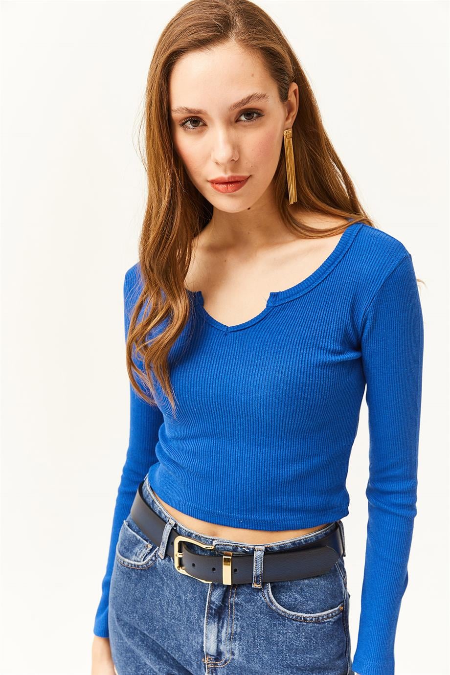 Yaka Detaylı Fitilli Crop Bluz Saks Mavi