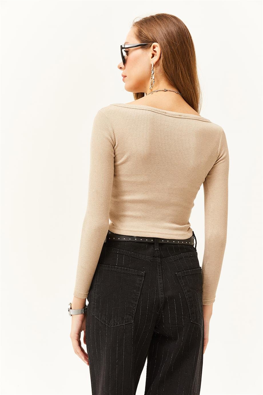 Yaka Detaylı Fitilli Crop Bluz Taş