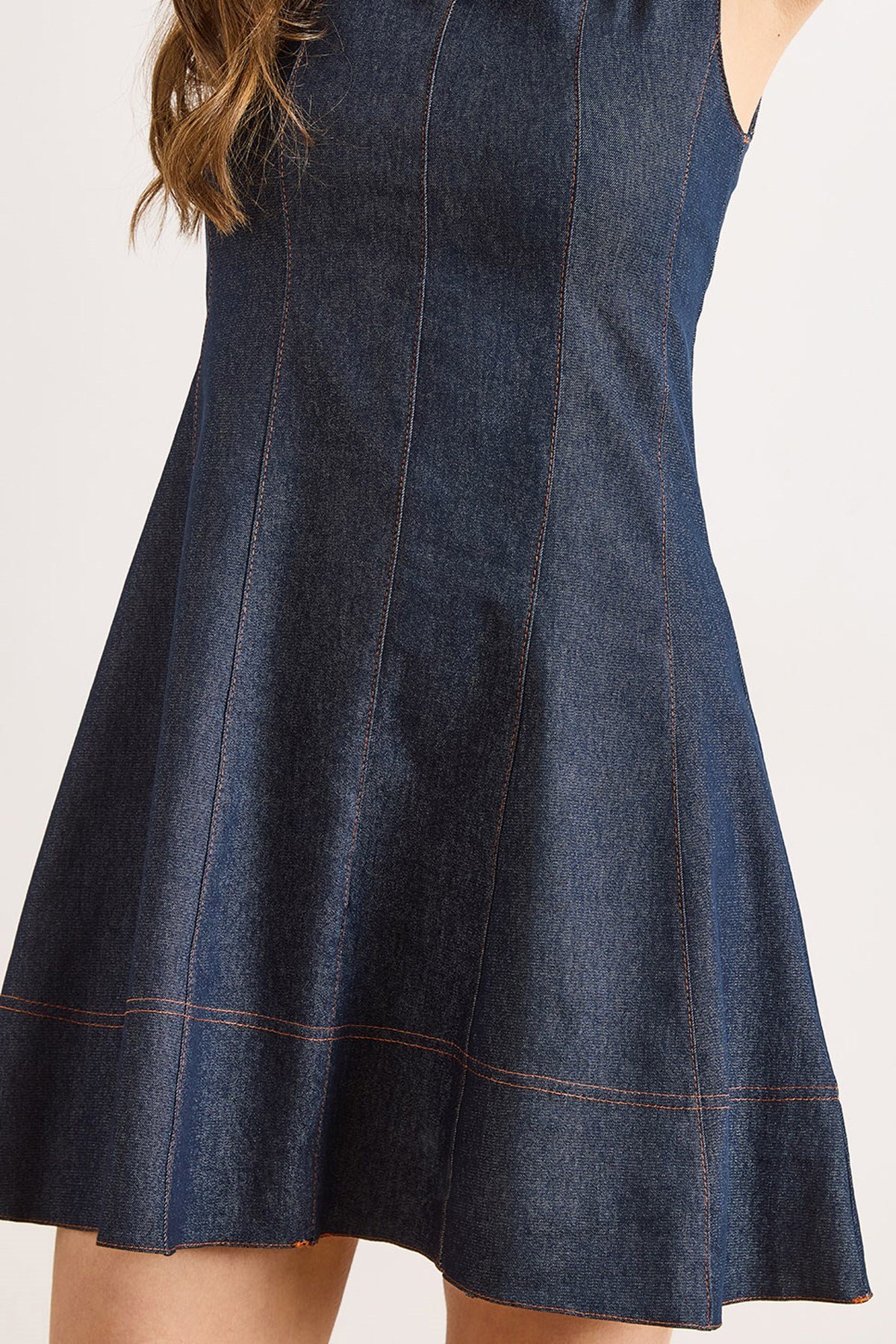 Yaka Detaylı Parçalı Kloş Yıkamasız Denim Elbise Lacivert