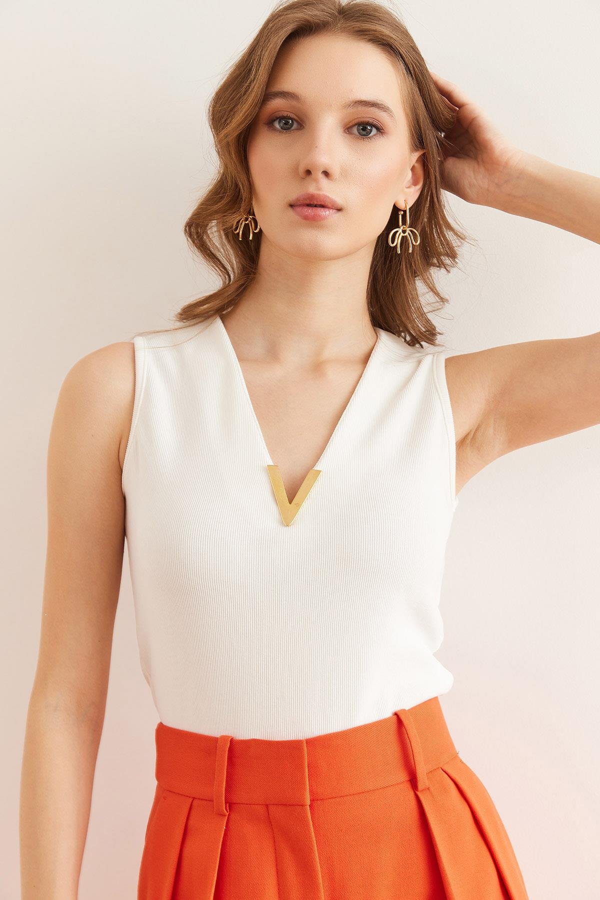 Yaka Garnili Crop Fitilli Bluz Ekru