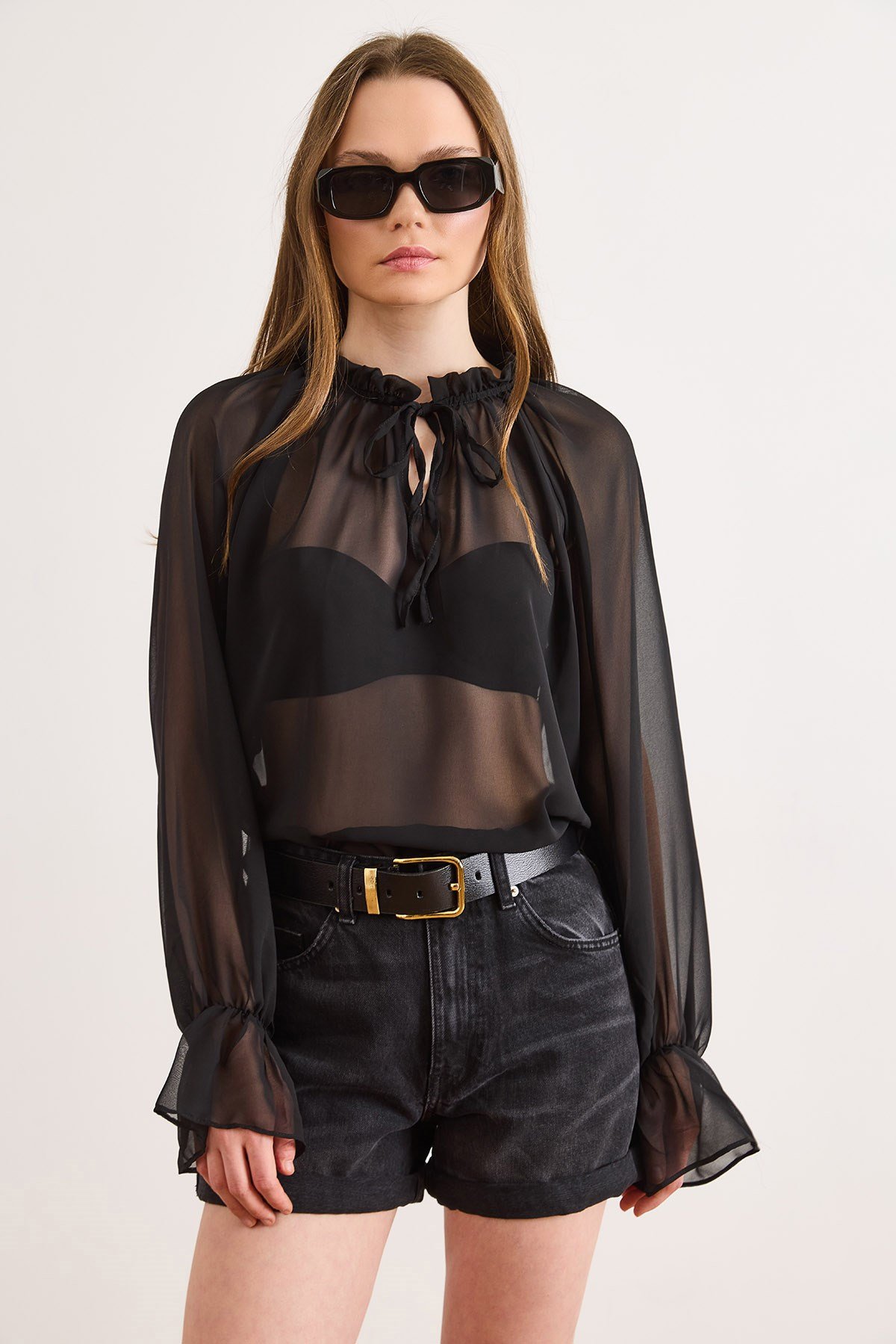 Yaka Manşet Detaylı Boho Şık Bluz Siyah