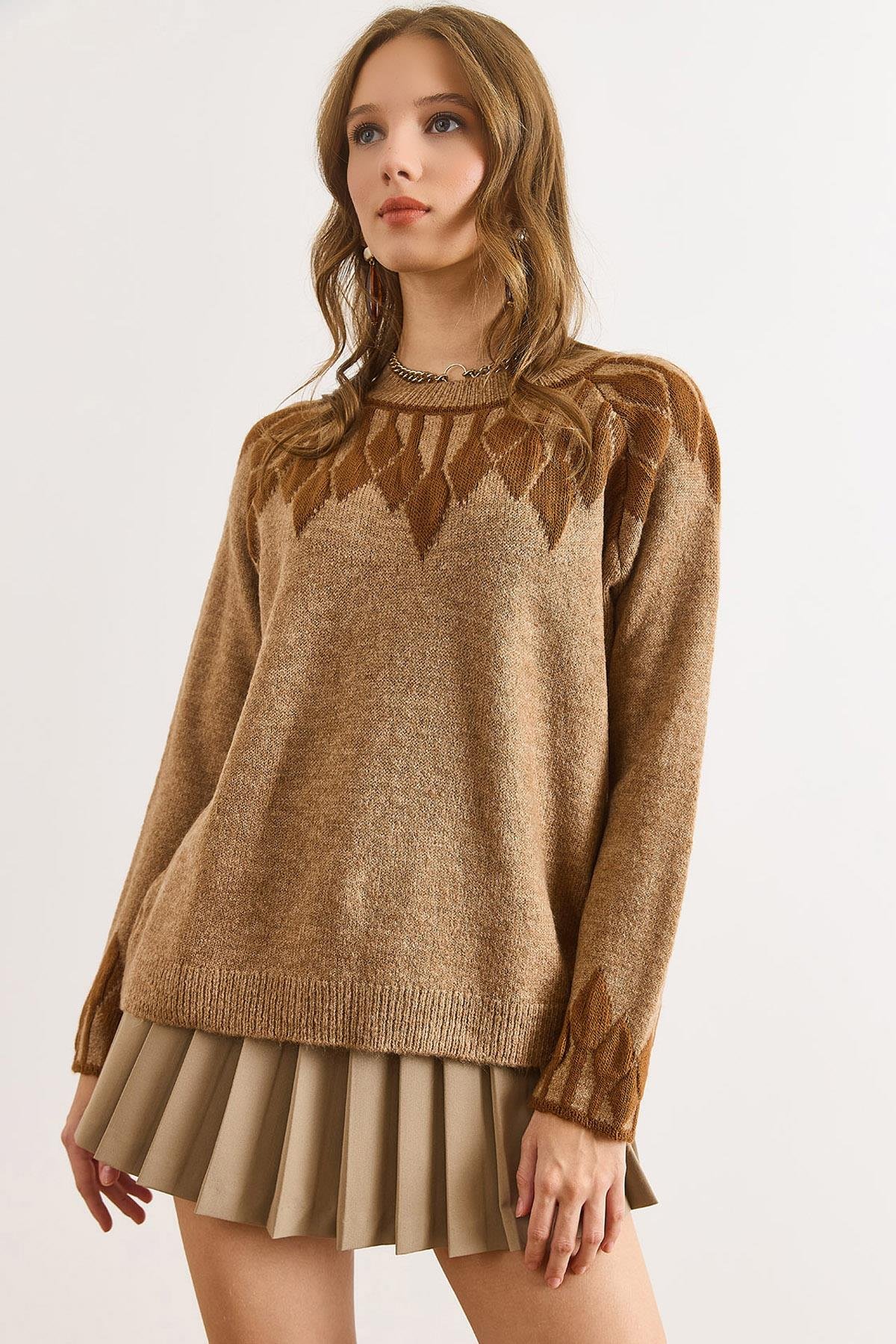 Yaka Manşet Detaylı Triko Kazak Camel