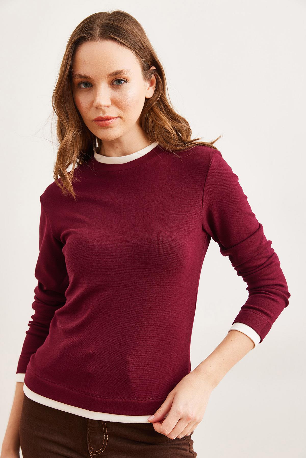 Yaka ve Etek Garnili Soft Touch Esnek Bluz Bordo