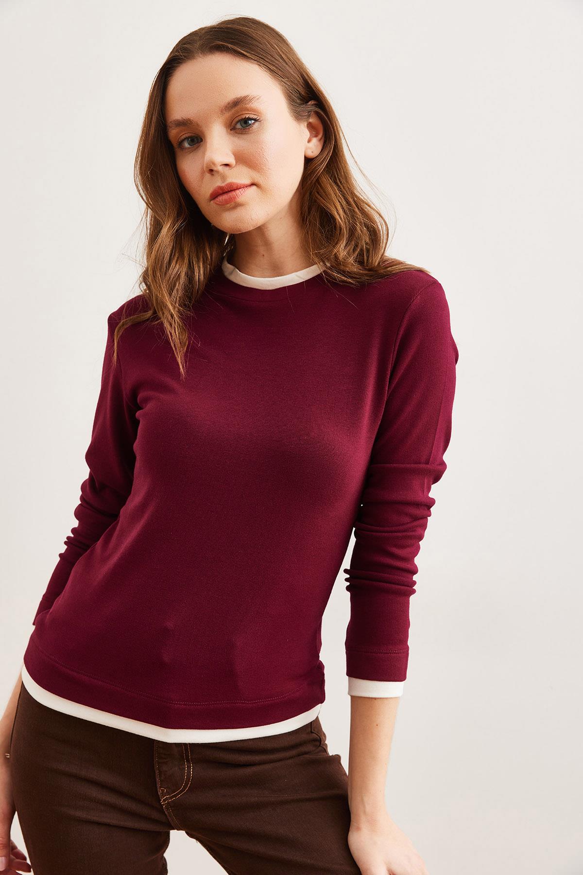Yaka ve Etek Garnili Soft Touch Esnek Bluz Bordo