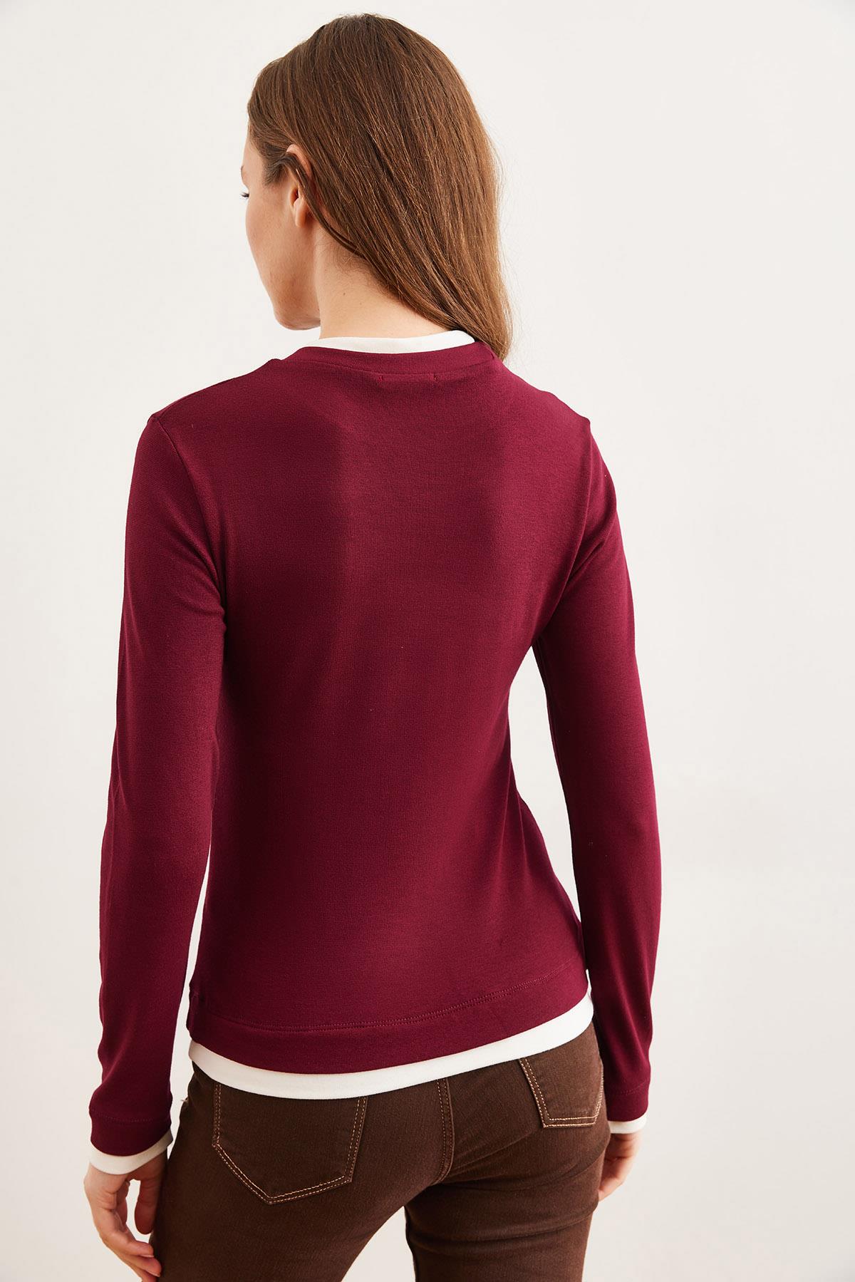 Yaka ve Etek Garnili Soft Touch Esnek Bluz Bordo
