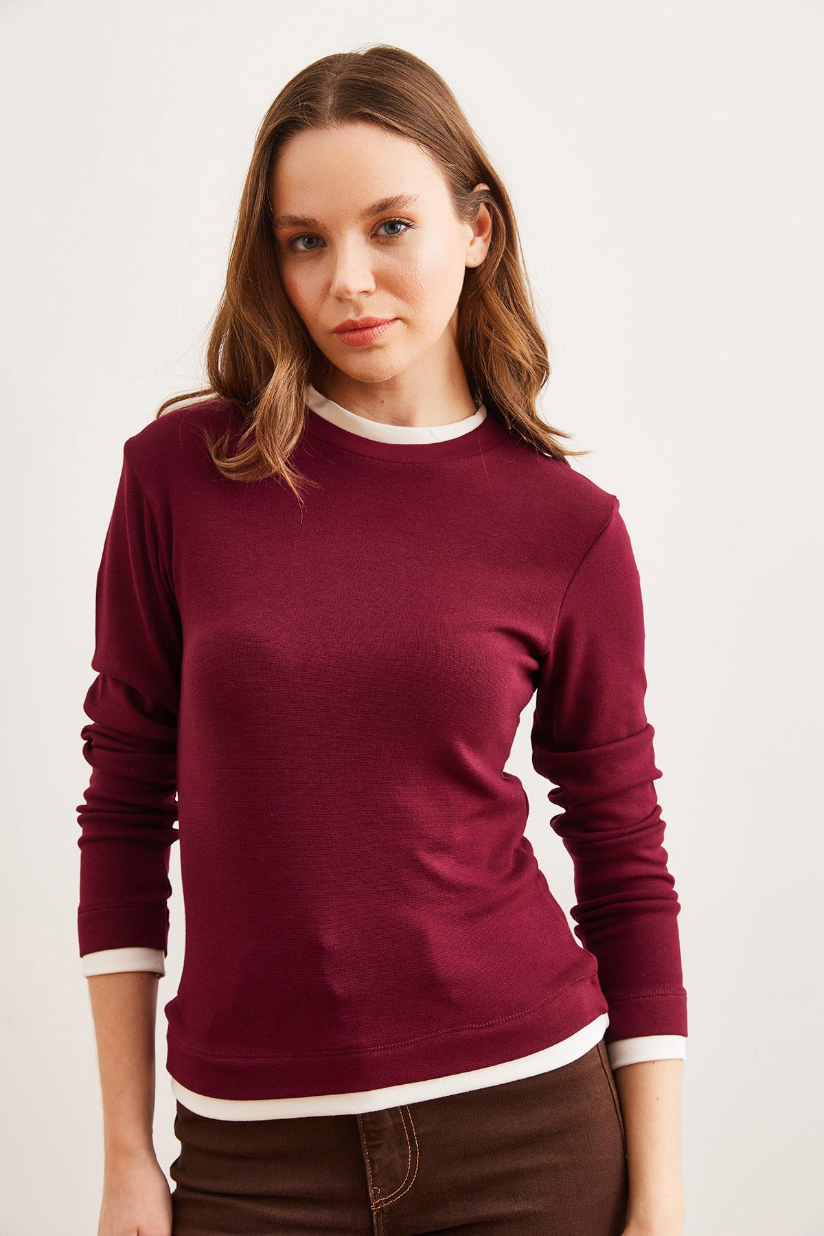 Yaka ve Etek Garnili Soft Touch Esnek Bluz Bordo