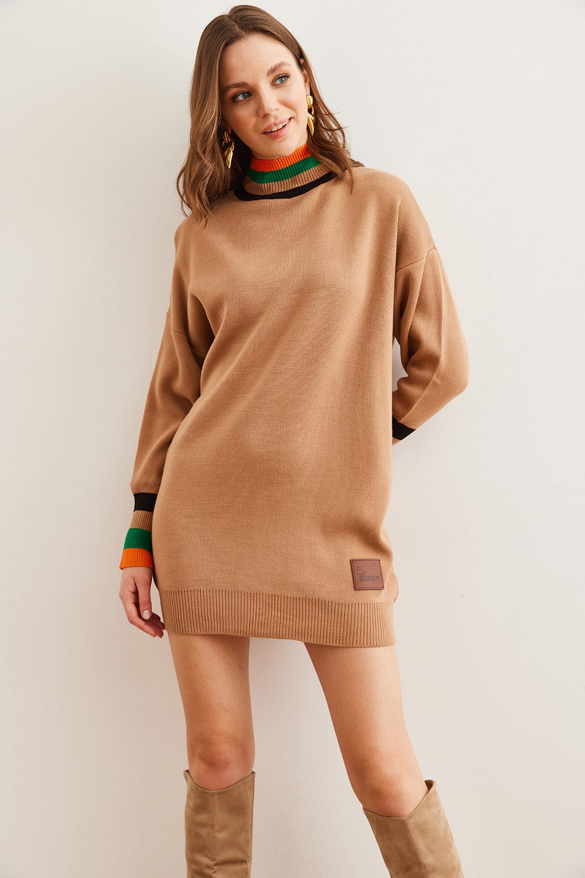 Yaka ve Manşet Detaylı Triko Tunik Elbise Camel