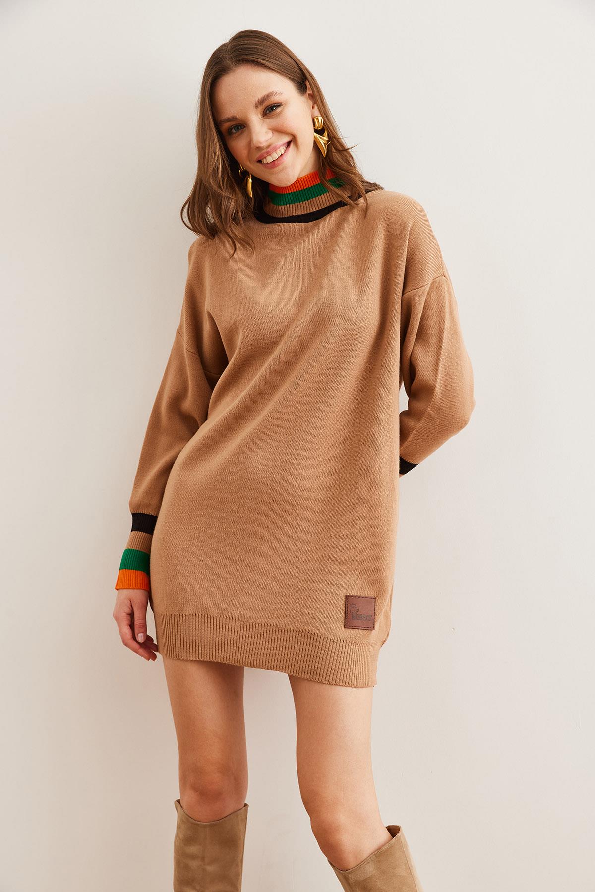 Yaka ve Manşet Detaylı Triko Tunik Elbise Camel