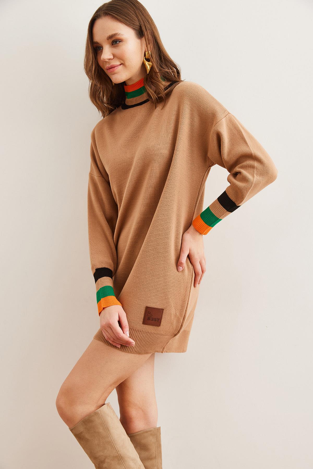 Yaka ve Manşet Detaylı Triko Tunik Elbise Camel