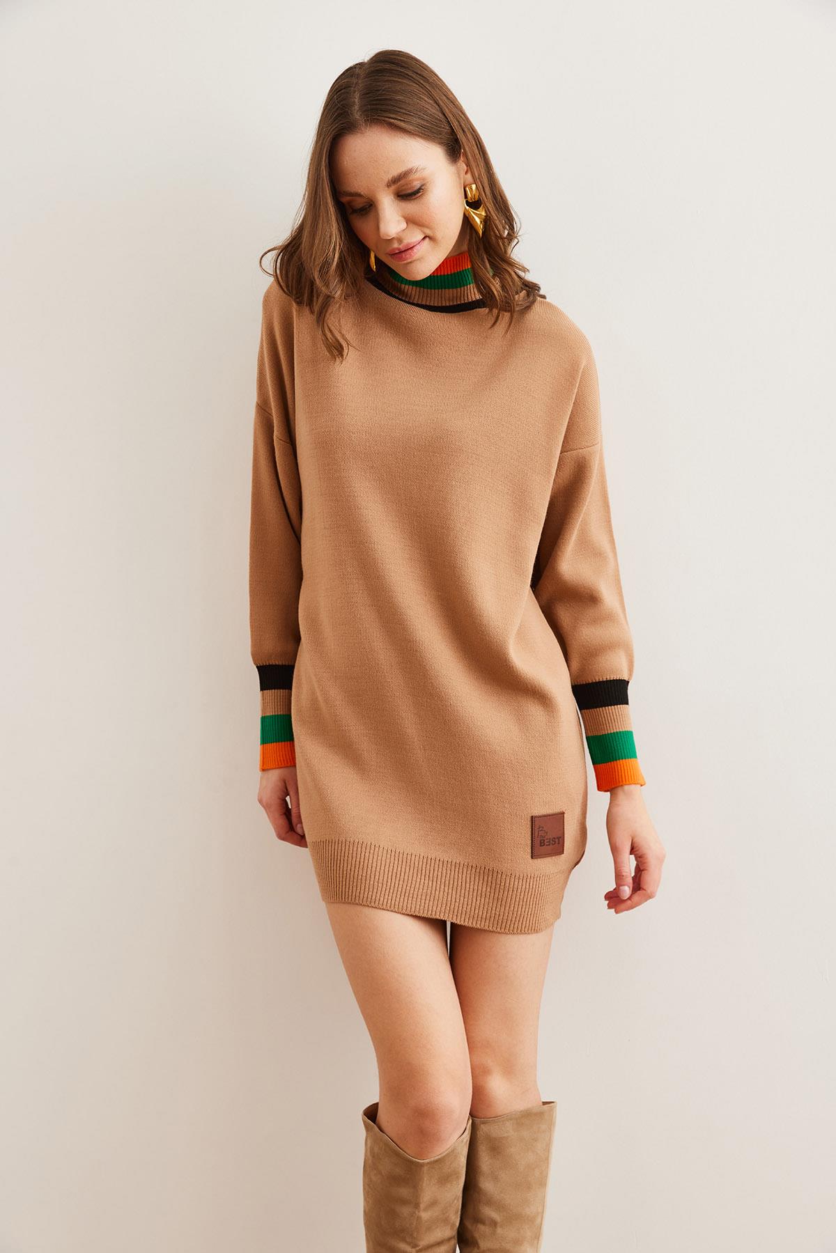 Yaka ve Manşet Detaylı Triko Tunik Elbise Camel