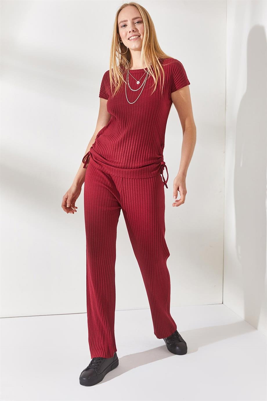 Yanı Büzgülü Bluz Palazzo Pantolon Takım Bordo