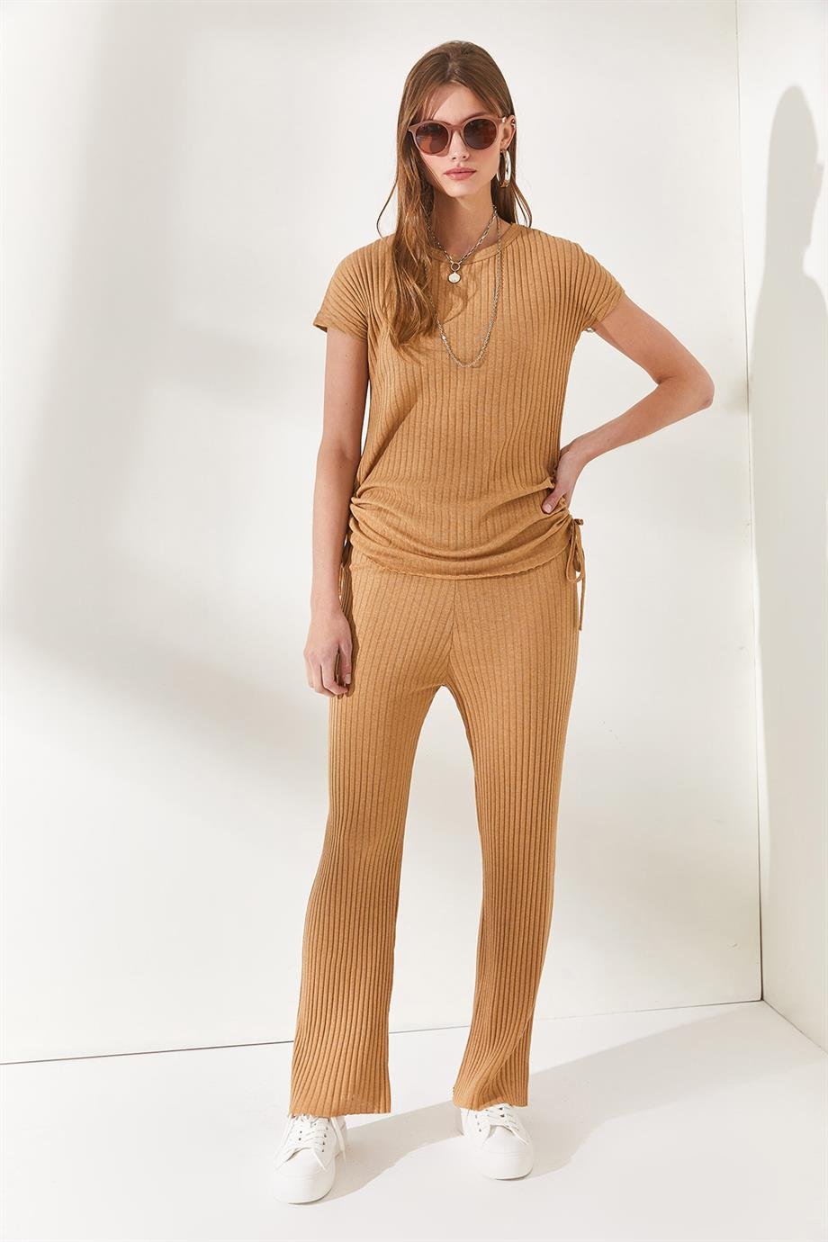 Yanı Büzgülü Bluz Palazzo Pantolon Takım Camel