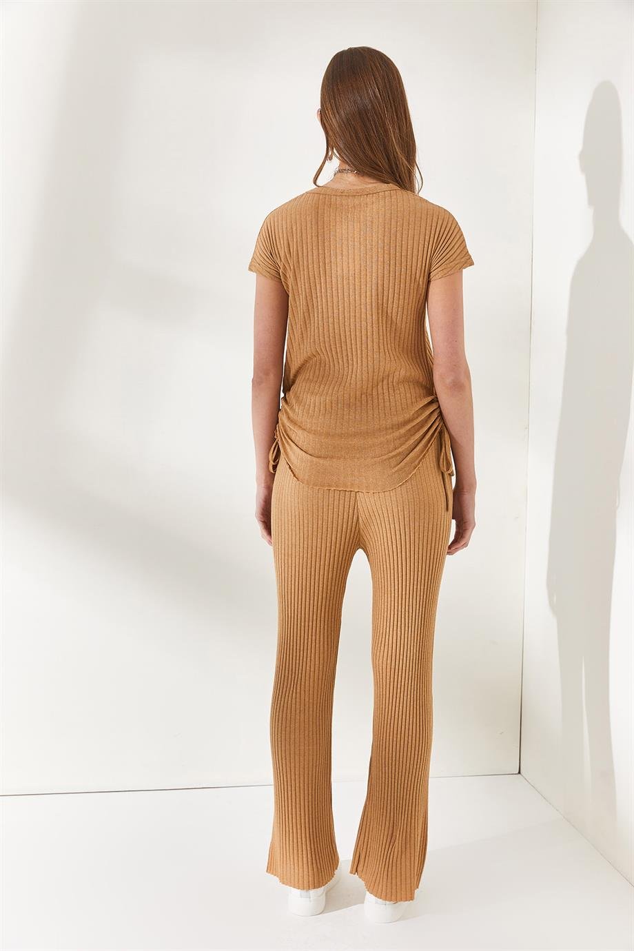 Yanı Büzgülü Bluz Palazzo Pantolon Takım Camel