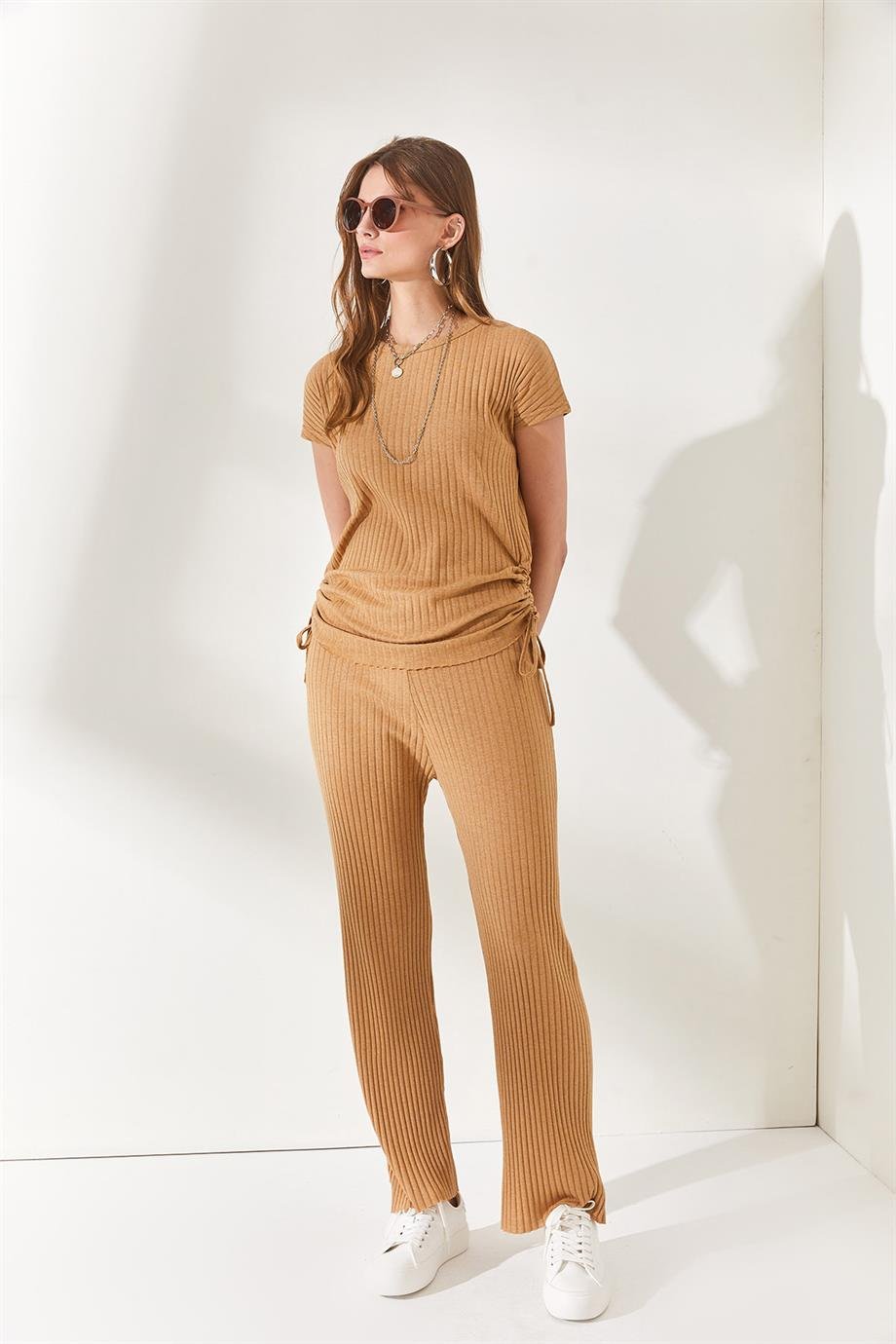 Yanı Büzgülü Bluz Palazzo Pantolon Takım Camel