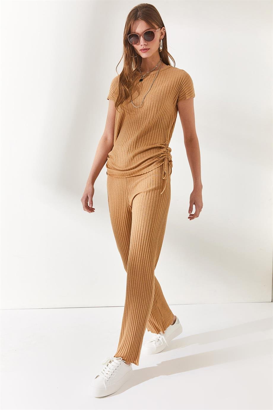 Yanı Büzgülü Bluz Palazzo Pantolon Takım Camel