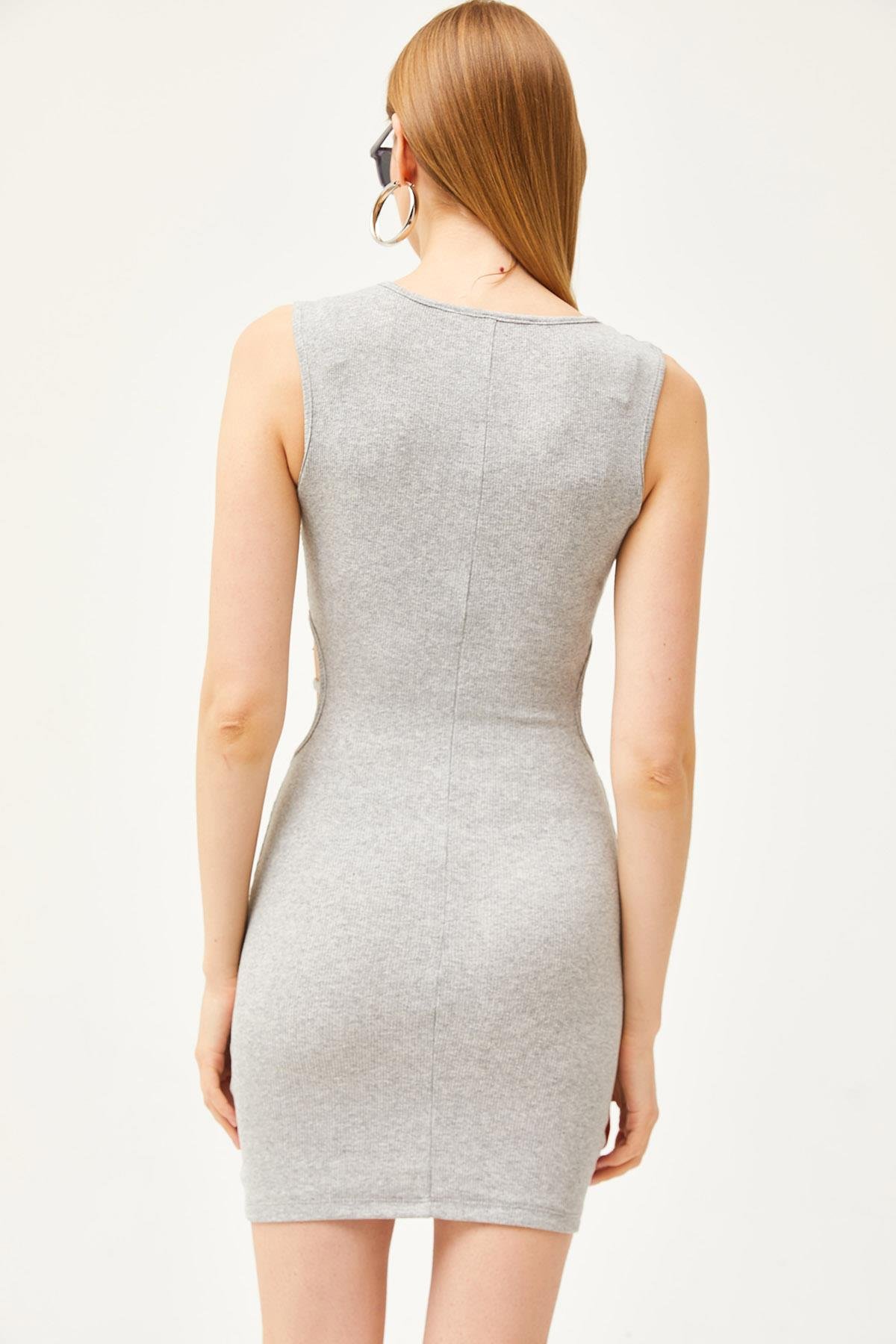 Yanı Cut Out Detaylı Likralı Mini Elbise Gri