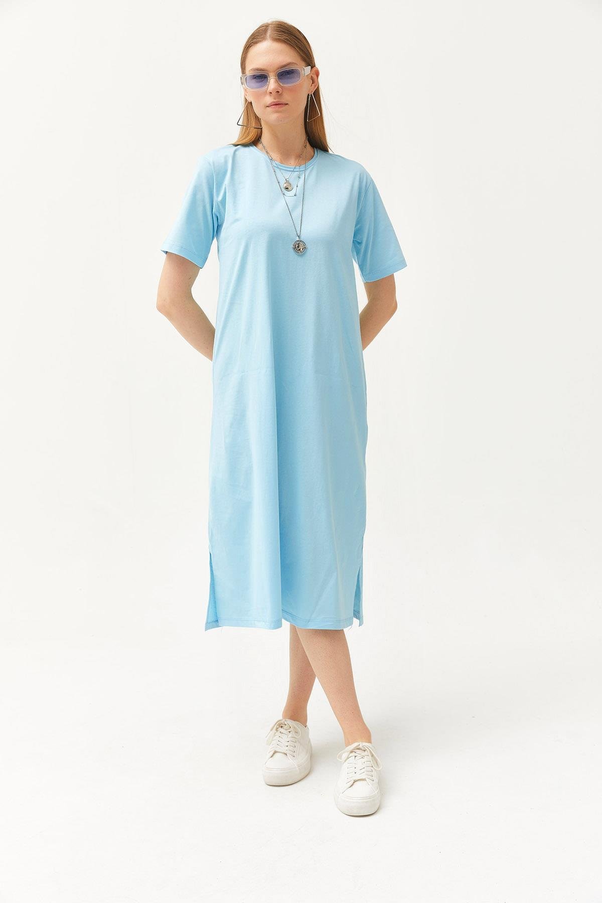 Yanı Yırtmaçlı Oversize Pamuk Elbise Bebe Mavi
