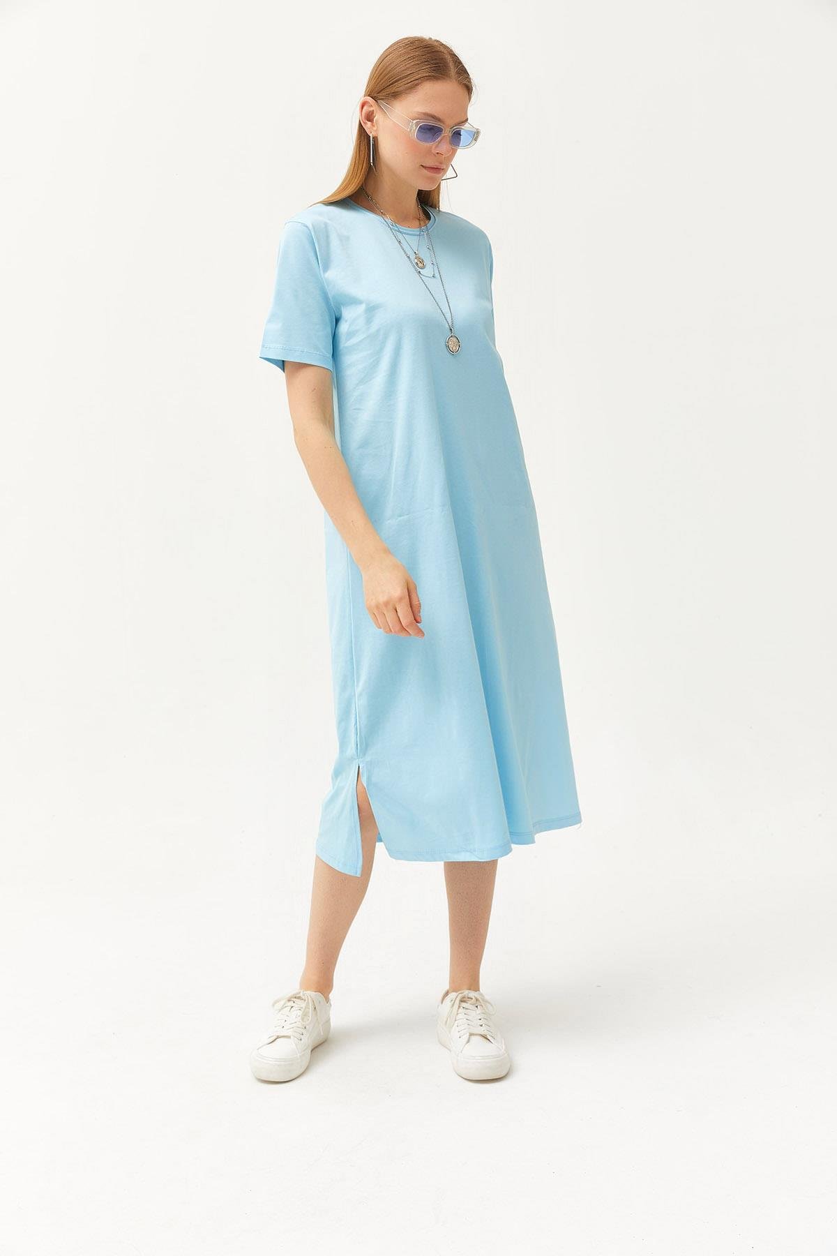 Yanı Yırtmaçlı Oversize Pamuk Elbise Bebe Mavi
